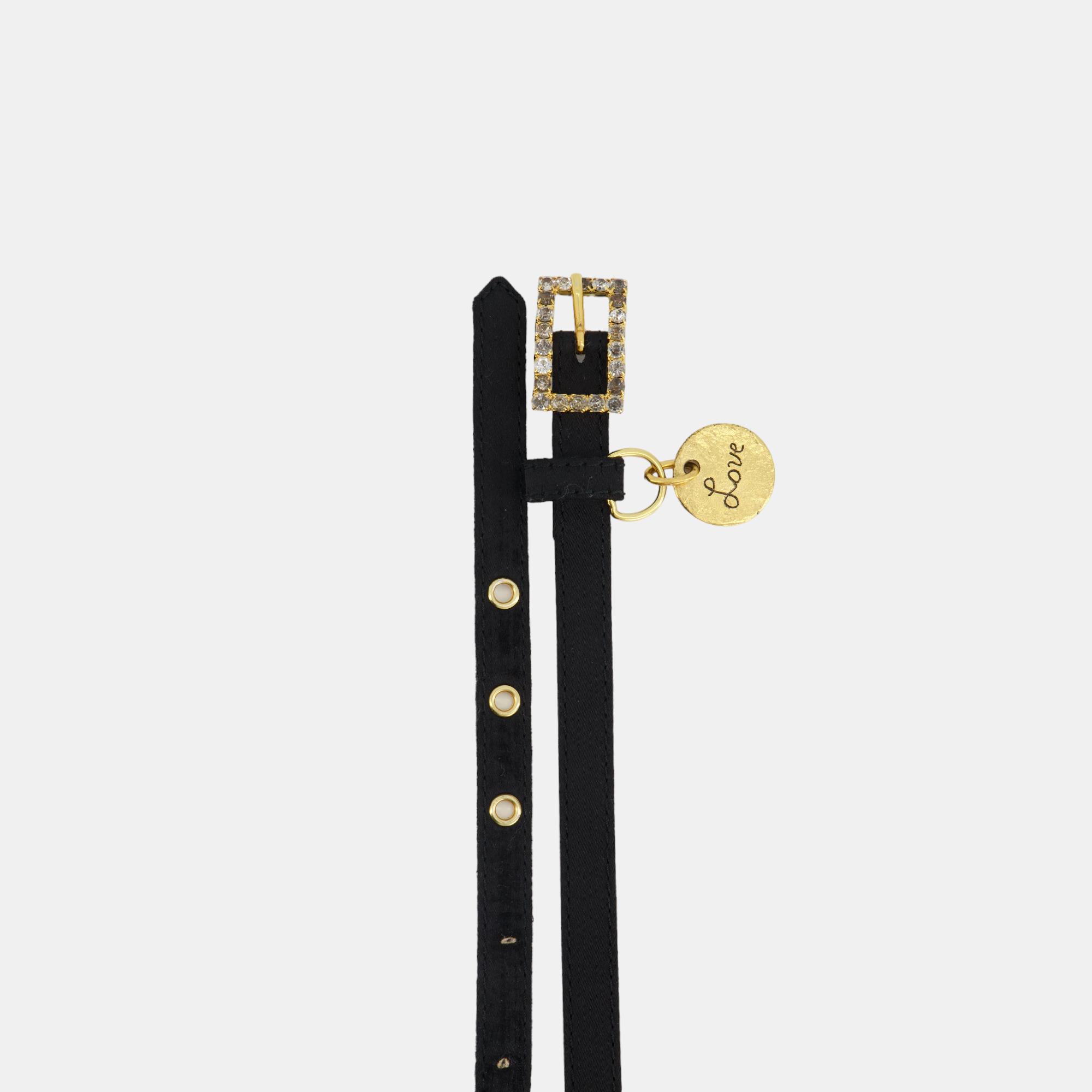 Yves Saint Laurent Vintage Black Belt With Crystal Buckle And Love Coin Detail 80cm