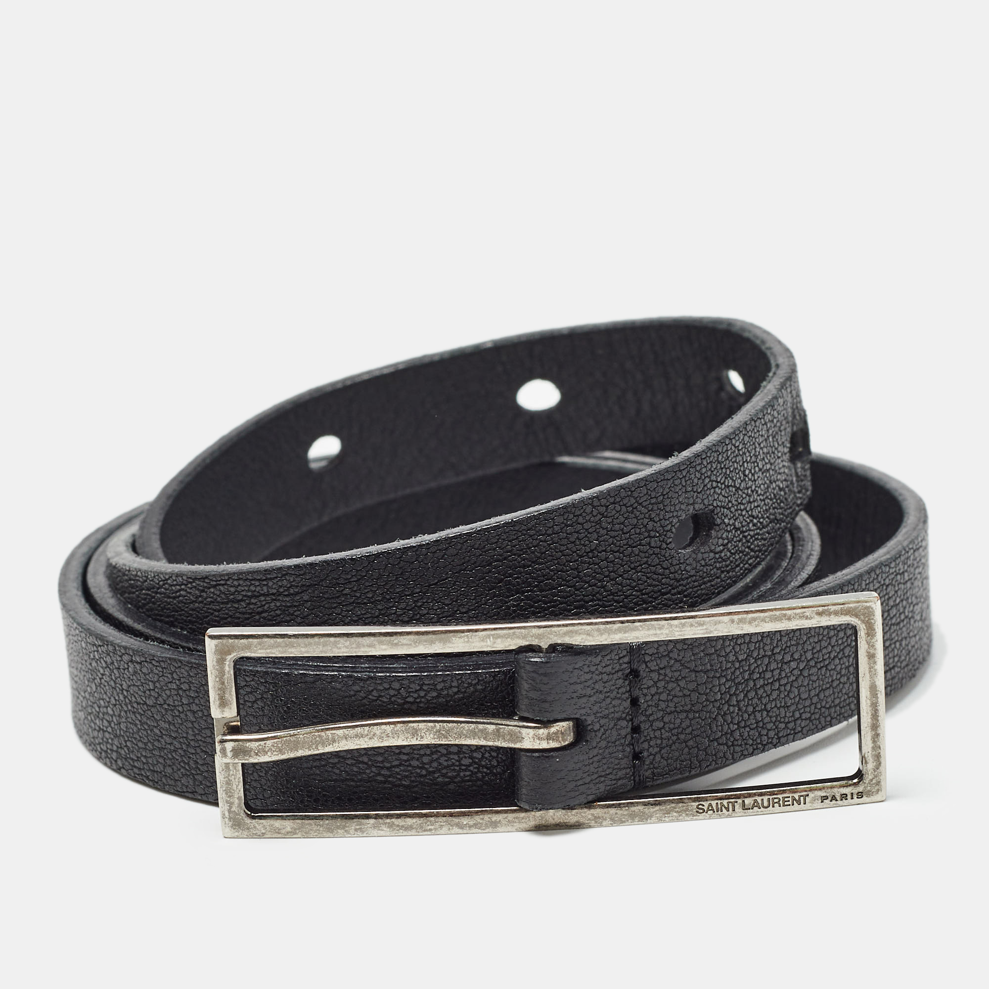 Saint laurent paris saint laurent black leather slim buckle belt 80cm