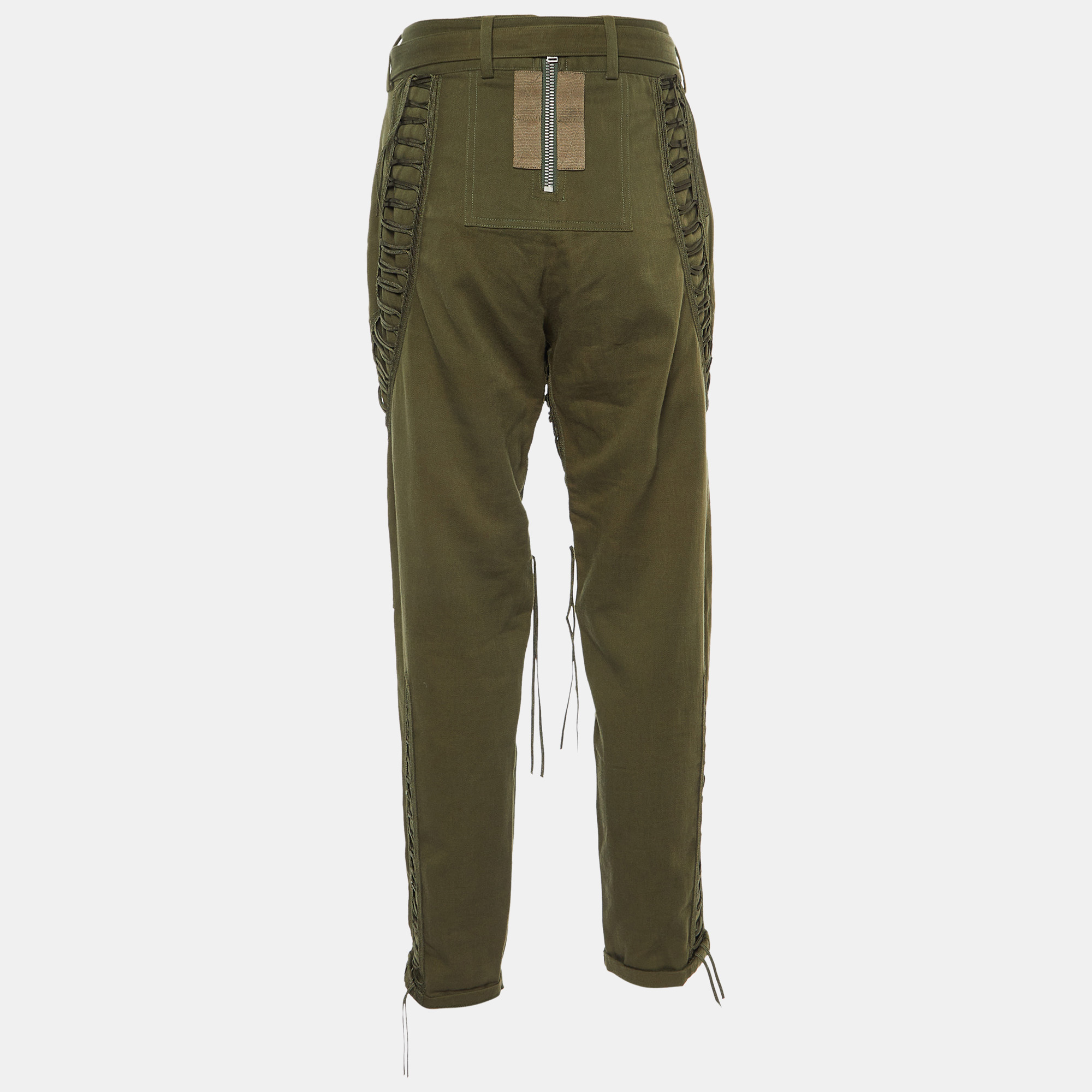 Saint Laurent Paris Green Cotton Blend Lace Tie-Up Military Trousers M