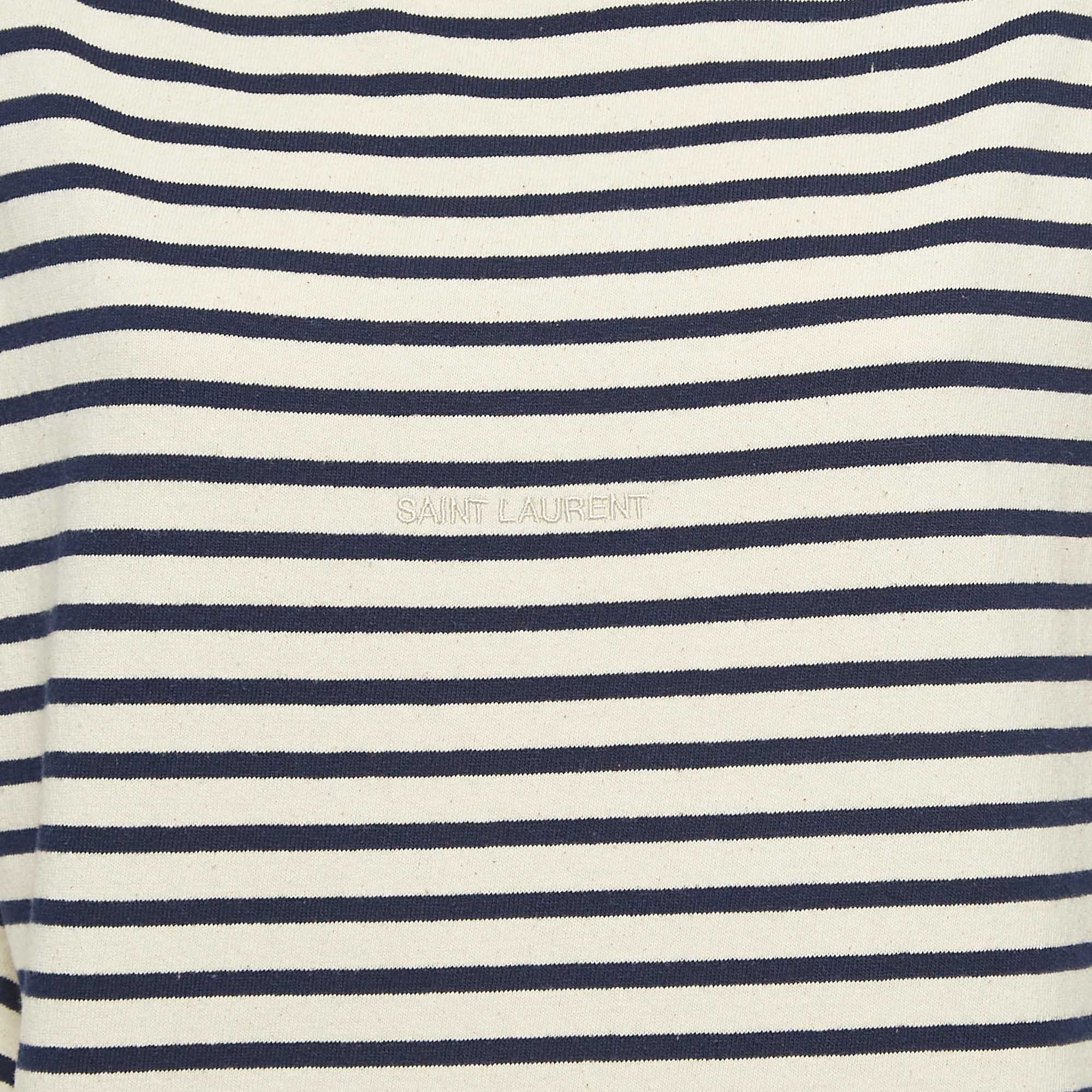 Saint Laurent Paris Navy Blue/White Stiped Cotton T-Shirt L