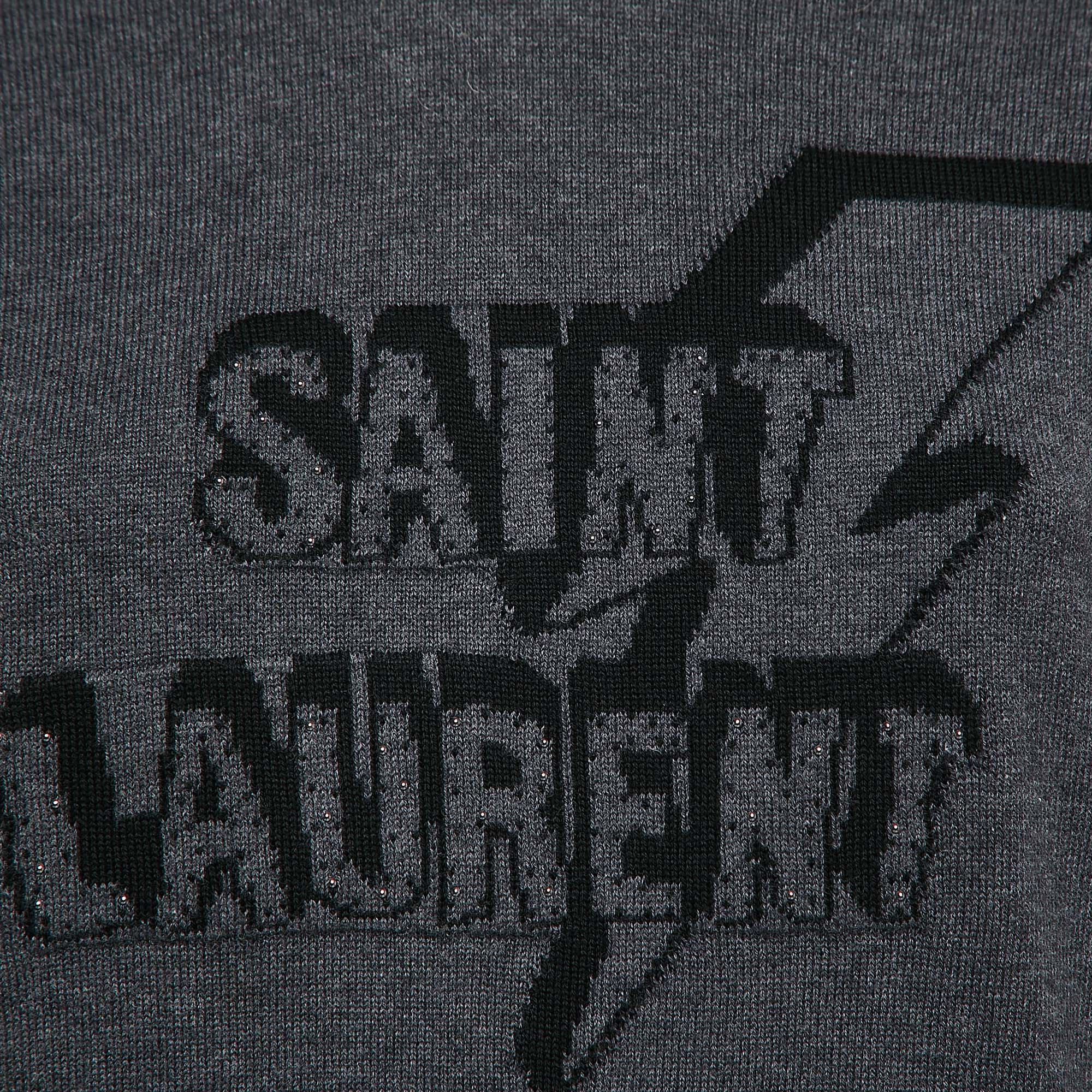 Saint Laurent Paris Grey Lightening Bolt Pattern Knit Hooded Sweater S