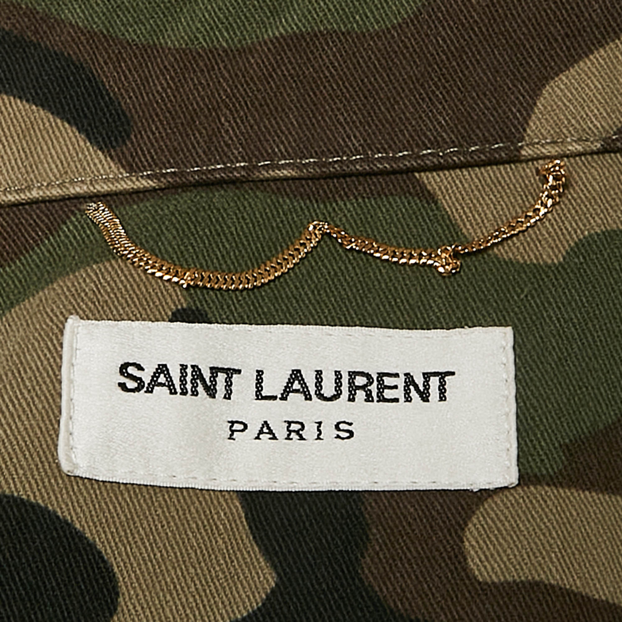 Saint Laurent Green Camo Print Leather Print Cotton Belted Jacket S