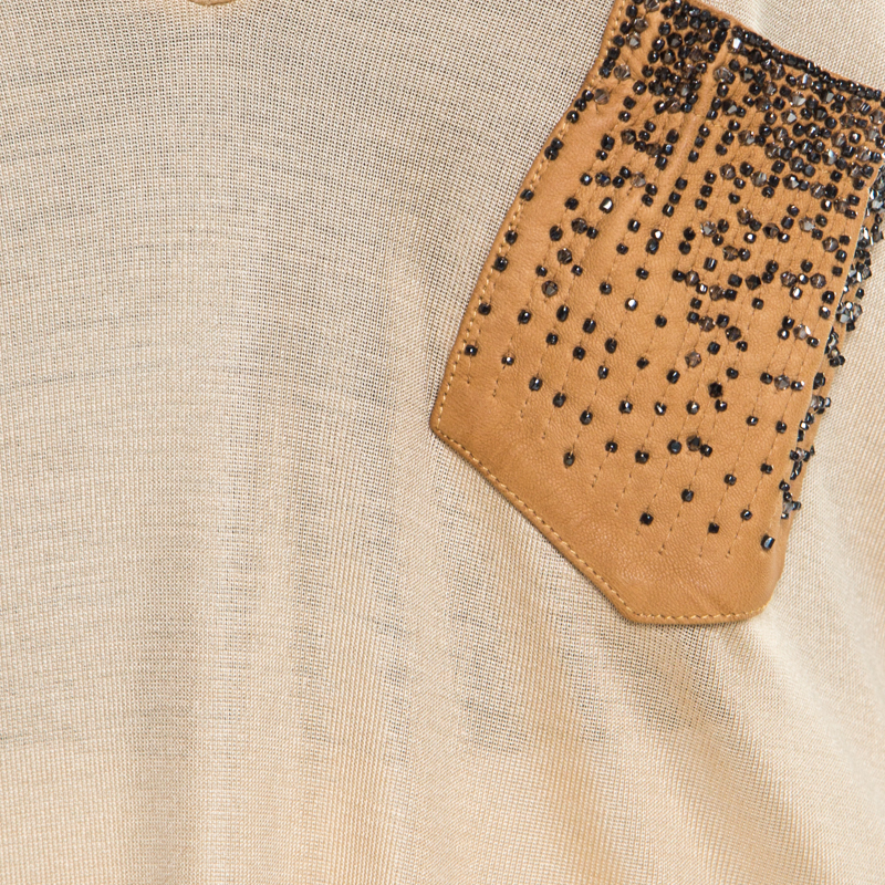 Saint Laurent Paris Beige Silk Knit Embellished Leather Pocket Detail Tank Top S
