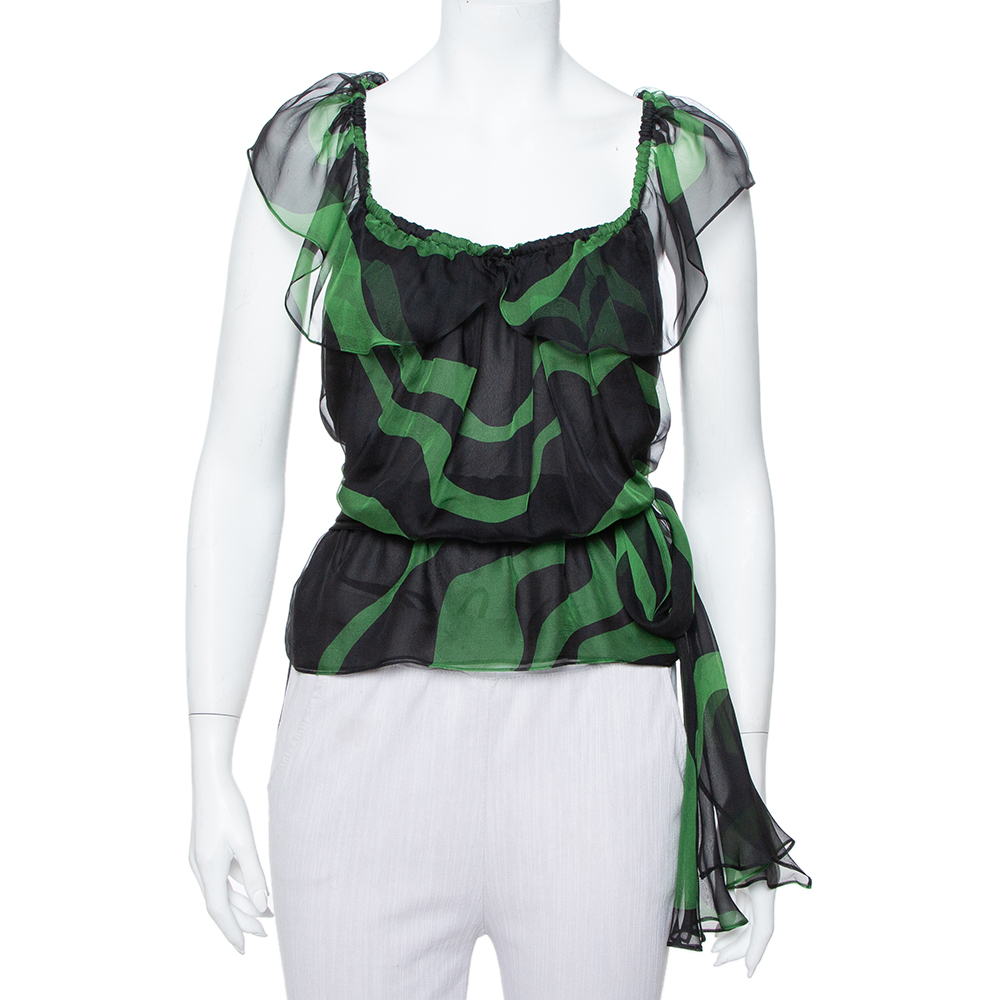 Saint laurent paris rive gauche black & green silk tie detail ruffled top s