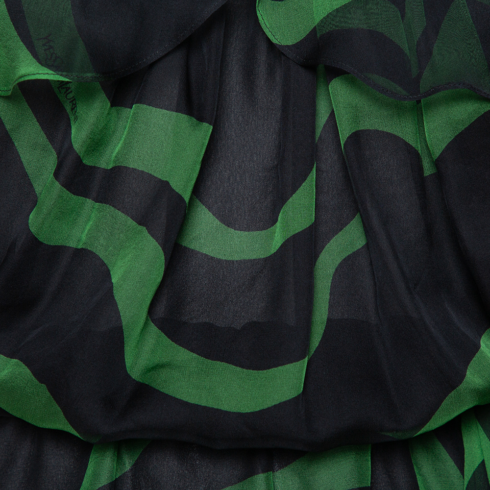Saint Laurent Paris Rive Gauche Black & Green Silk Tie Detail Ruffled Top S