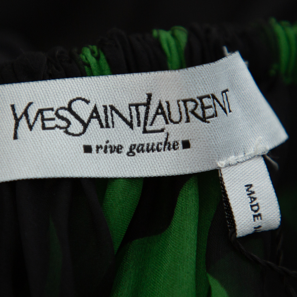 Saint Laurent Paris Rive Gauche Black & Green Silk Tie Detail Ruffled Top S