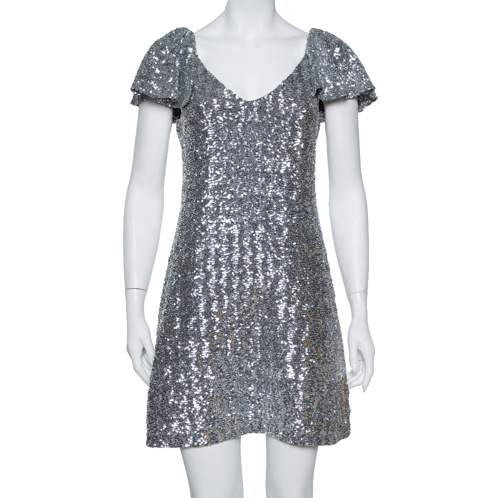 Saint Laurent Paris Silver Sequin Embellished Flutter Sleeve Dress M