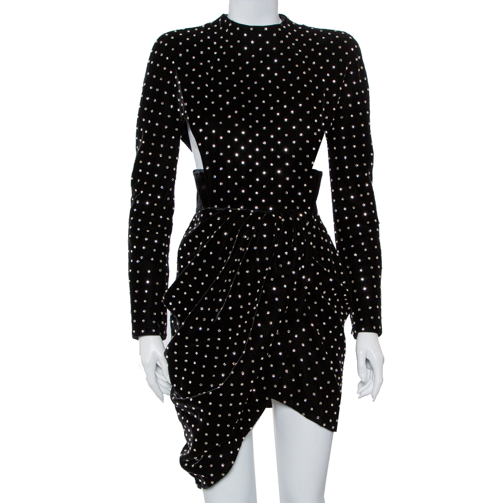 Saint Laurent Paris Black Velvet Crystal Embellished Cutout Detail Faux Wrap Mini Dress M