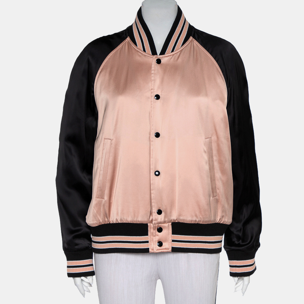 Saint Laurent Paris Black & Pink Satin Button Front Bomber Jacket L