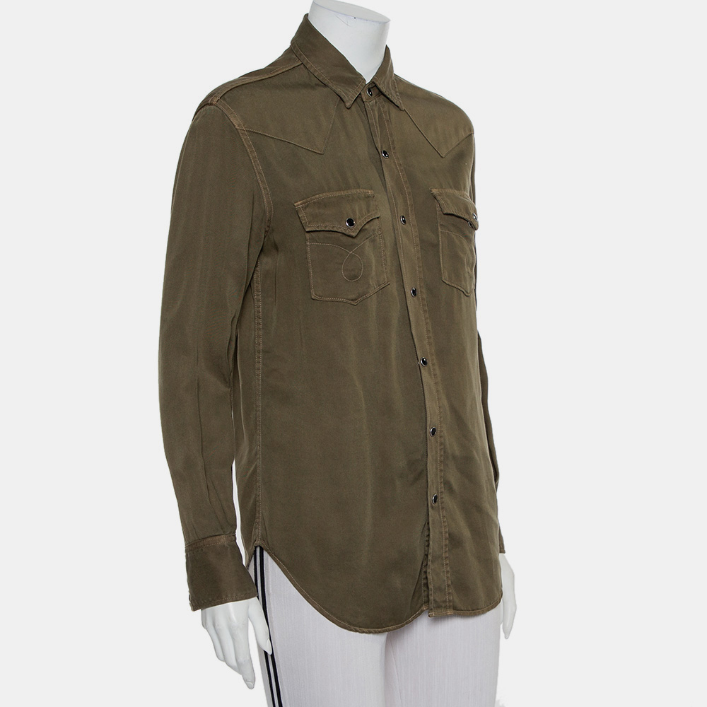 Saint Laurent Paris Military Green Lyocell Button Front Shirt M