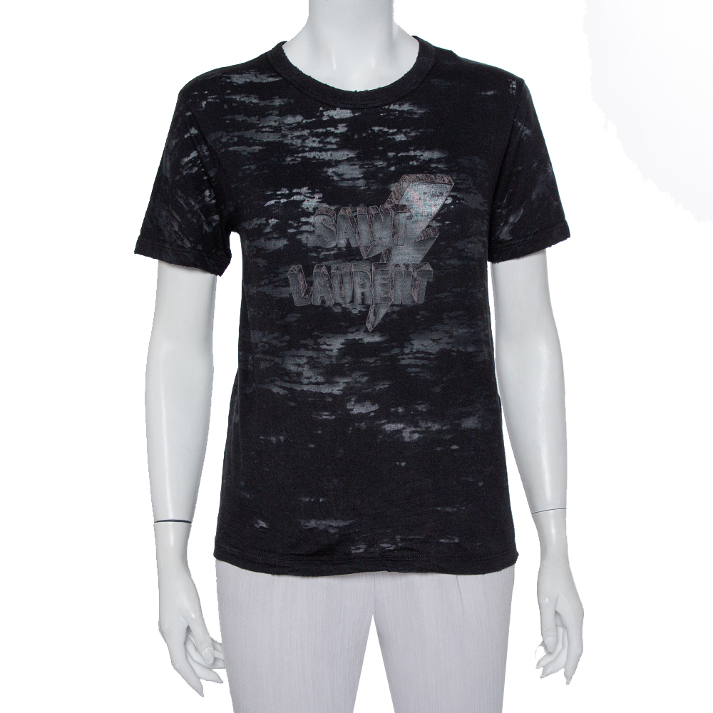 Saint Laurent Paris Charcoal Grey Logo Printed Cotton Distressed Crewneck T-Shirt XS