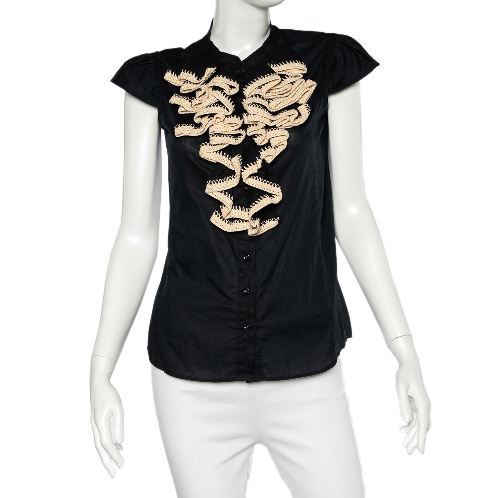 Saint laurent paris yves saint laurent black cotton crochet ruffled button front top m