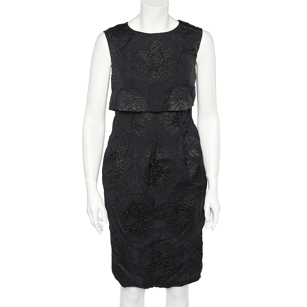 Yves Saint Laurent Black Textured Silk Overlay Detail Sleeveless Midi Dress M