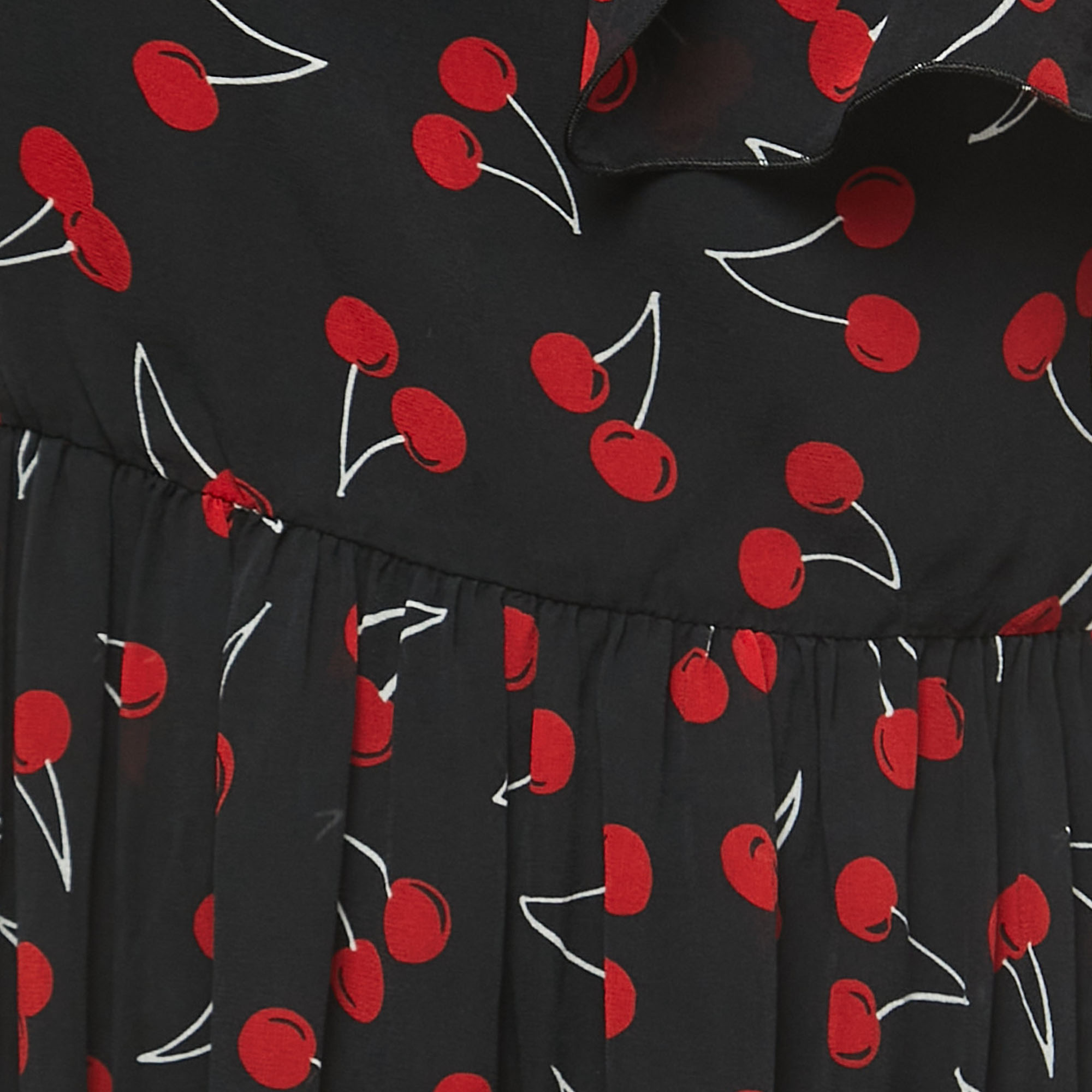 Saint Laurent Black Cherry Printed Silk Ruffled One-Shoulder Dress L
