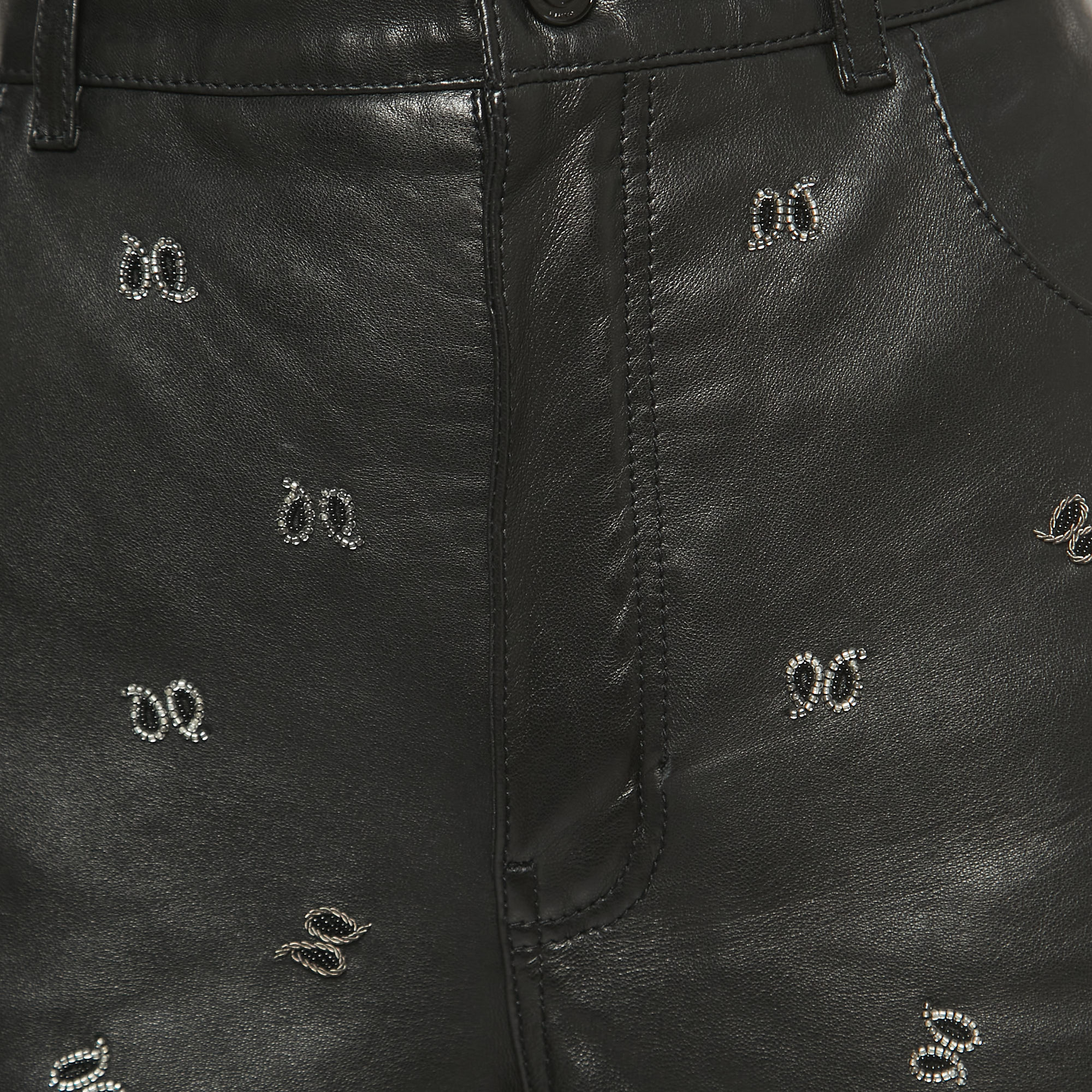 Saint Laurent Black Leather Embroidered Mini Shorts M