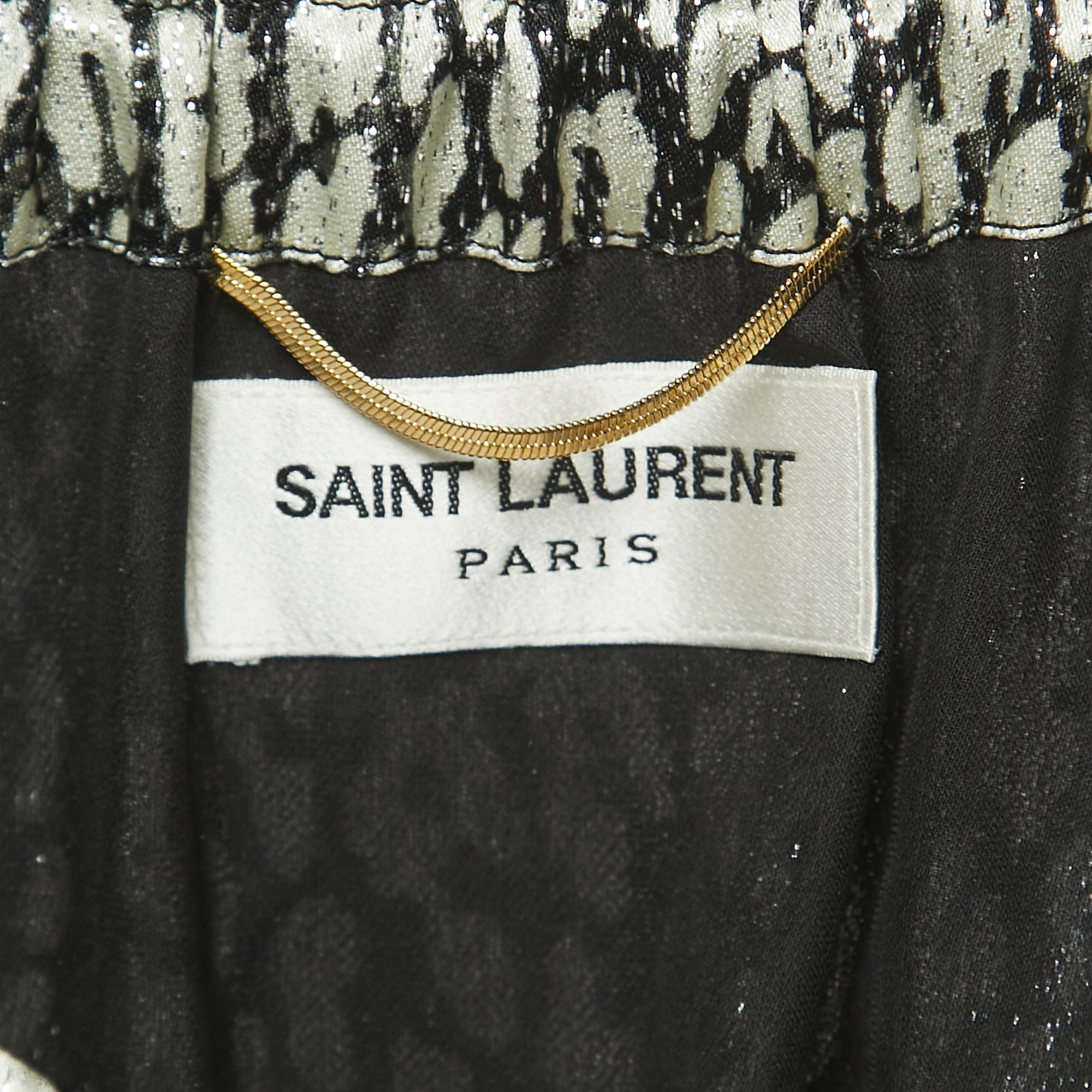 Saint Laurent Paris Black/Metallic Animal Printed Lame Off-Shoulder Mini Dress S