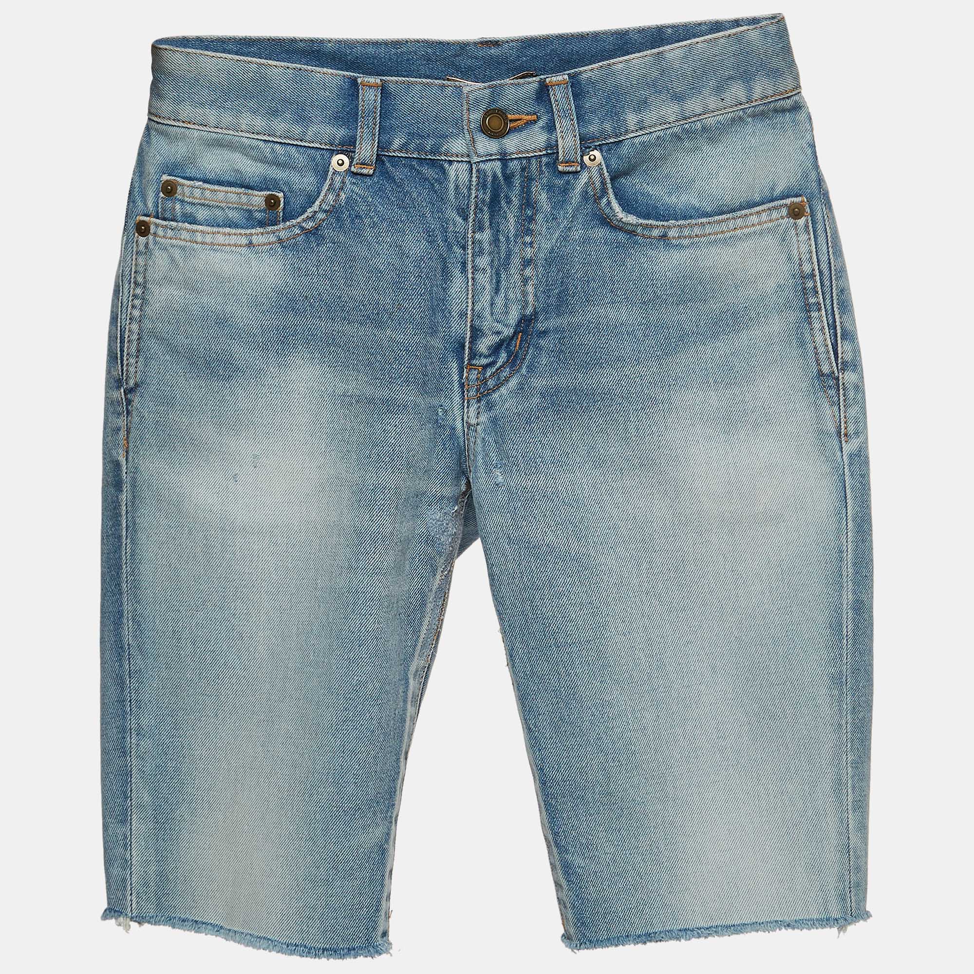 Saint laurent paris blue distressed denim bermuda shorts s waist 24''