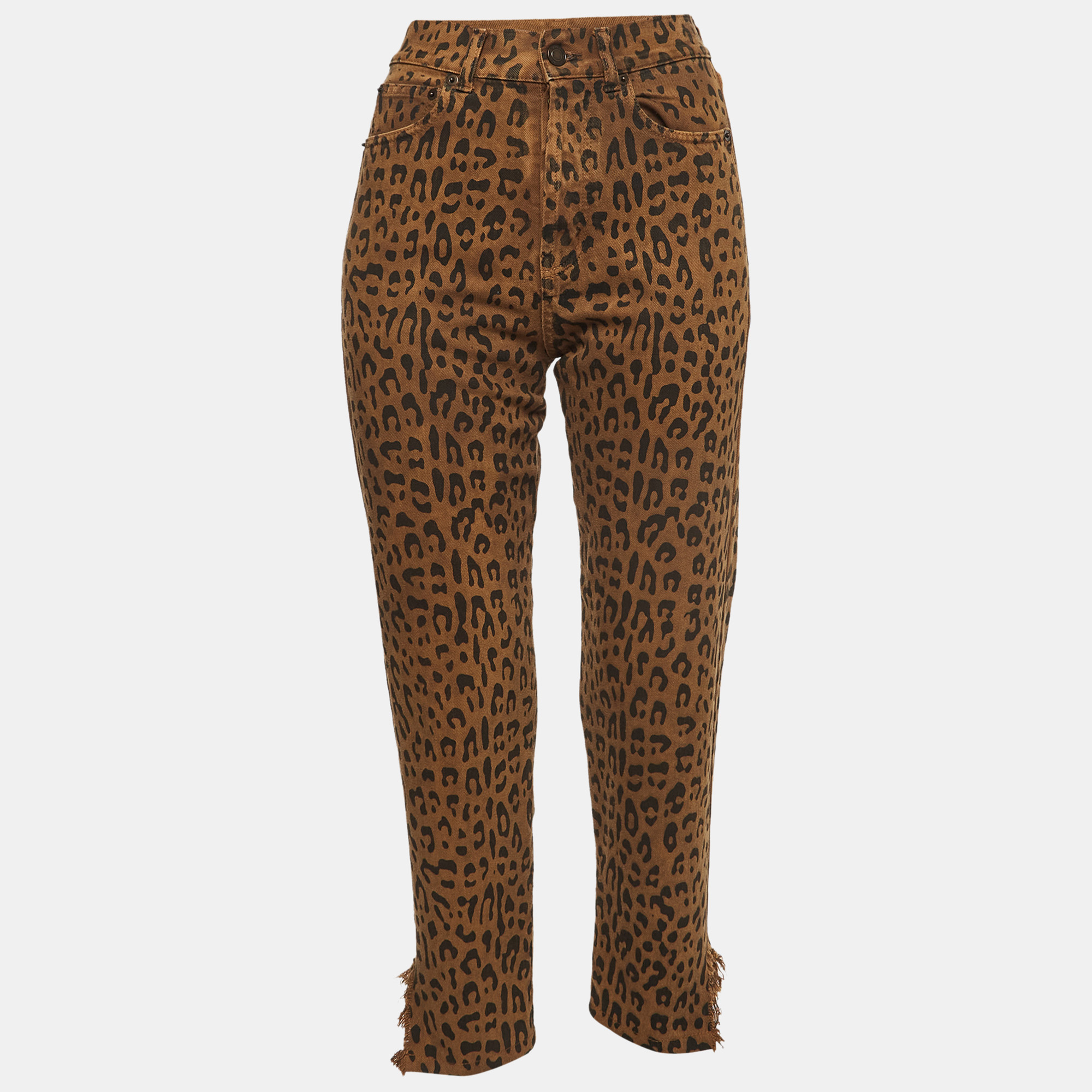 Saint laurent paris saint laurent brown leopard print ripped denim mid-rise jeans s waist 25''