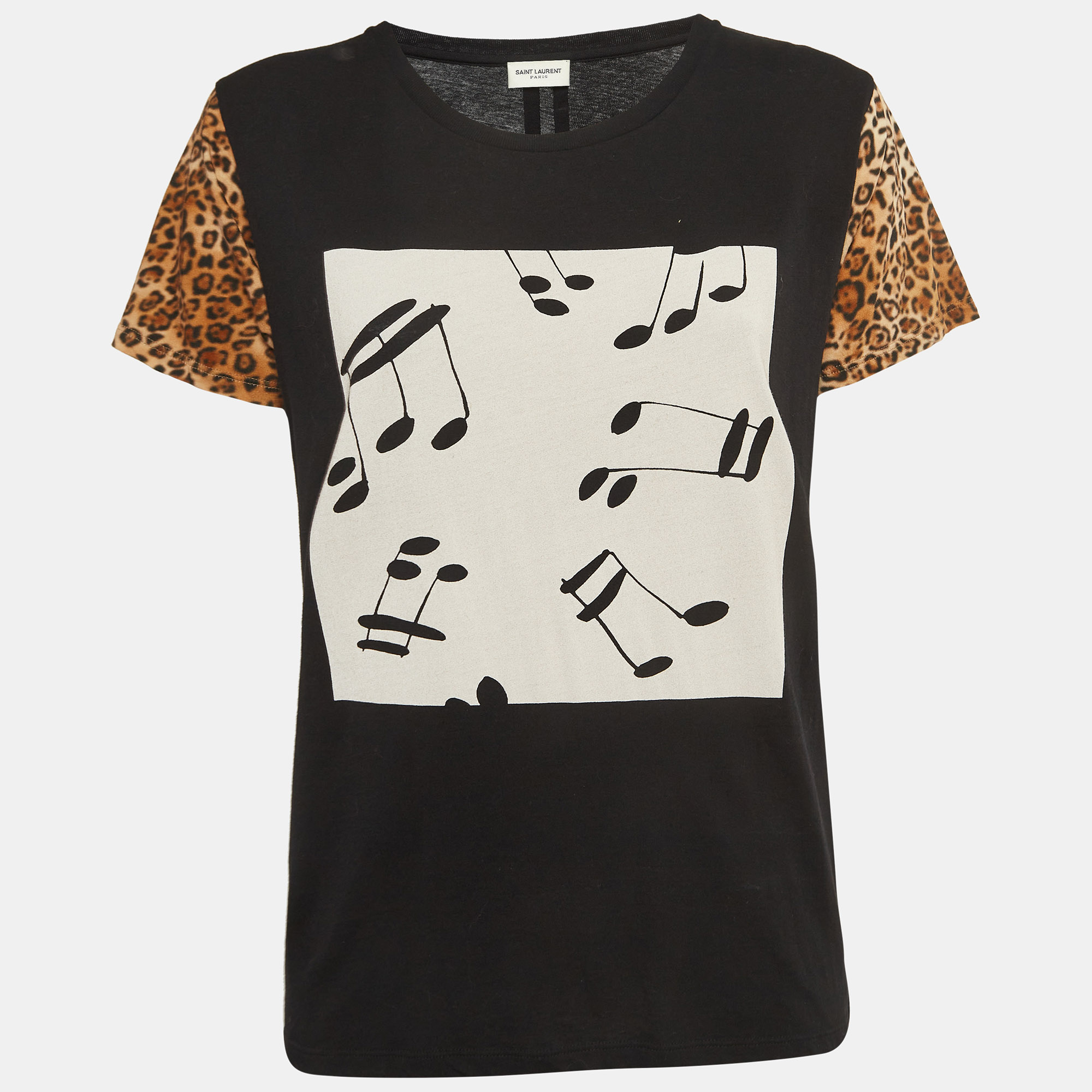 Saint laurent paris black musical and leopard print cotton jersey t-shirt s