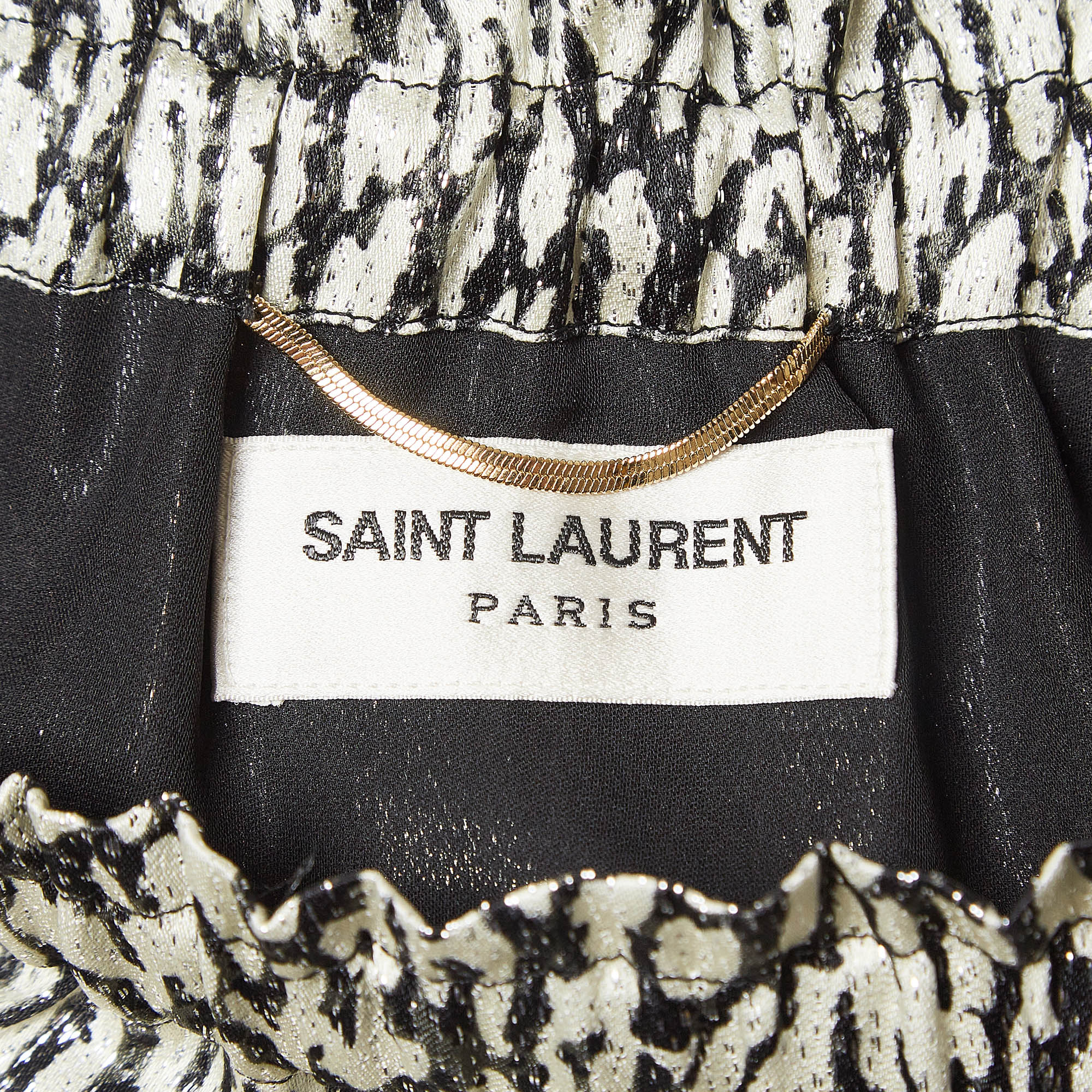 Saint Laurent Black Animal Print Lame Off-Shoulder Mini Dress S