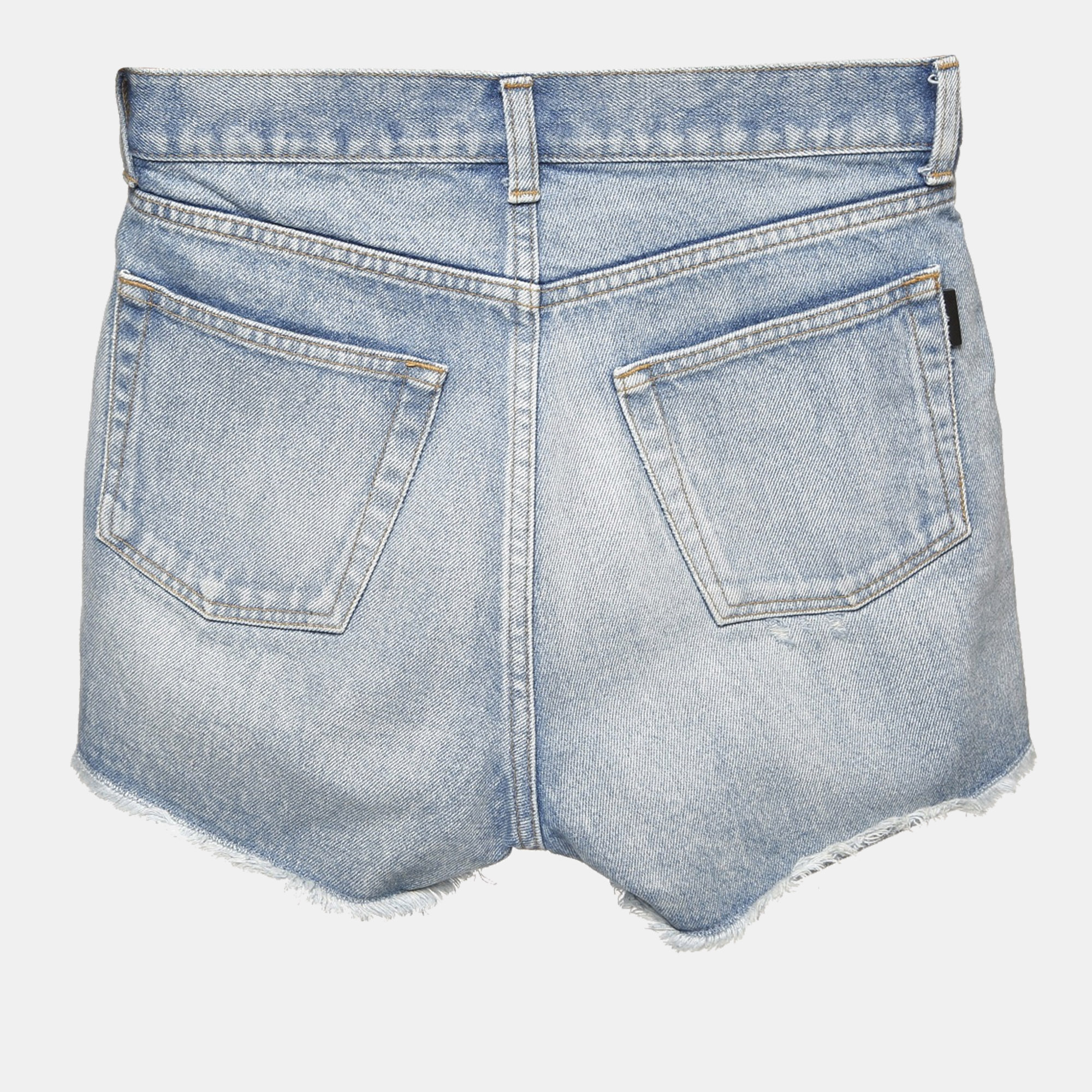 Saint Laurent Light Blue Ripped Denim Shorts S Waist 24