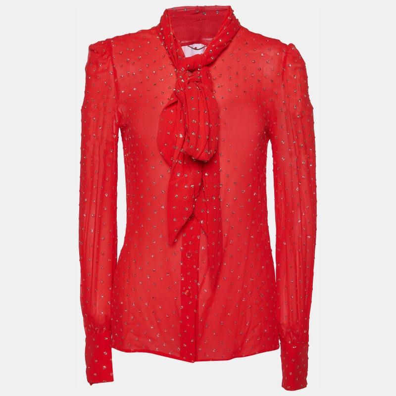 Saint laurent paris red silk glitter embellished blouse s