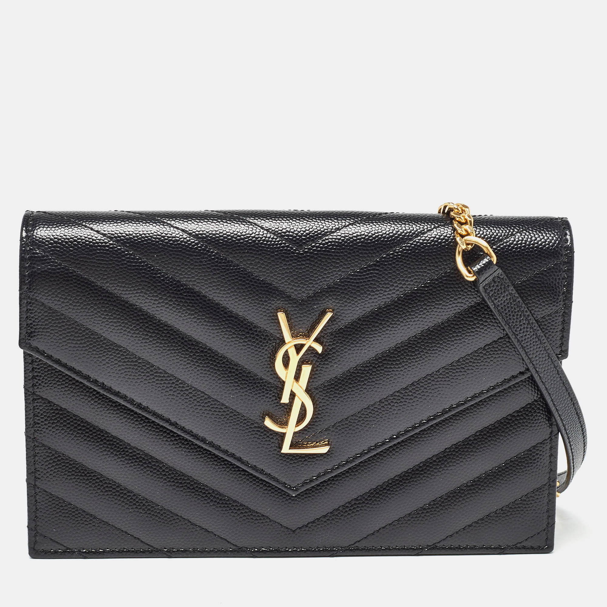 Saint laurent paris saint laurent black matelass&eacute; leather monogram envelope wallet on chain