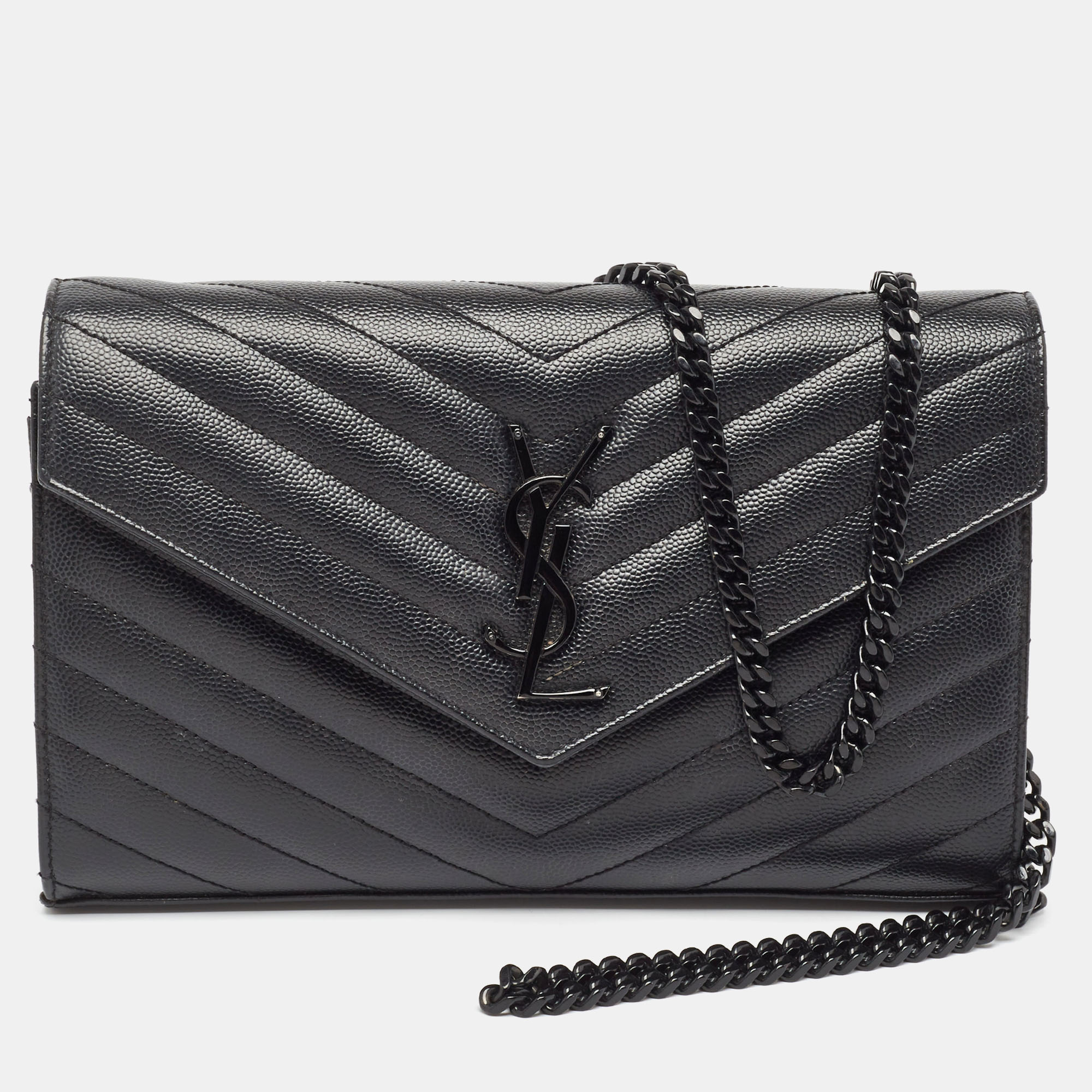 Saint laurent paris saint laurent black matelass&eacute; leather monogram envelope wallet on chain