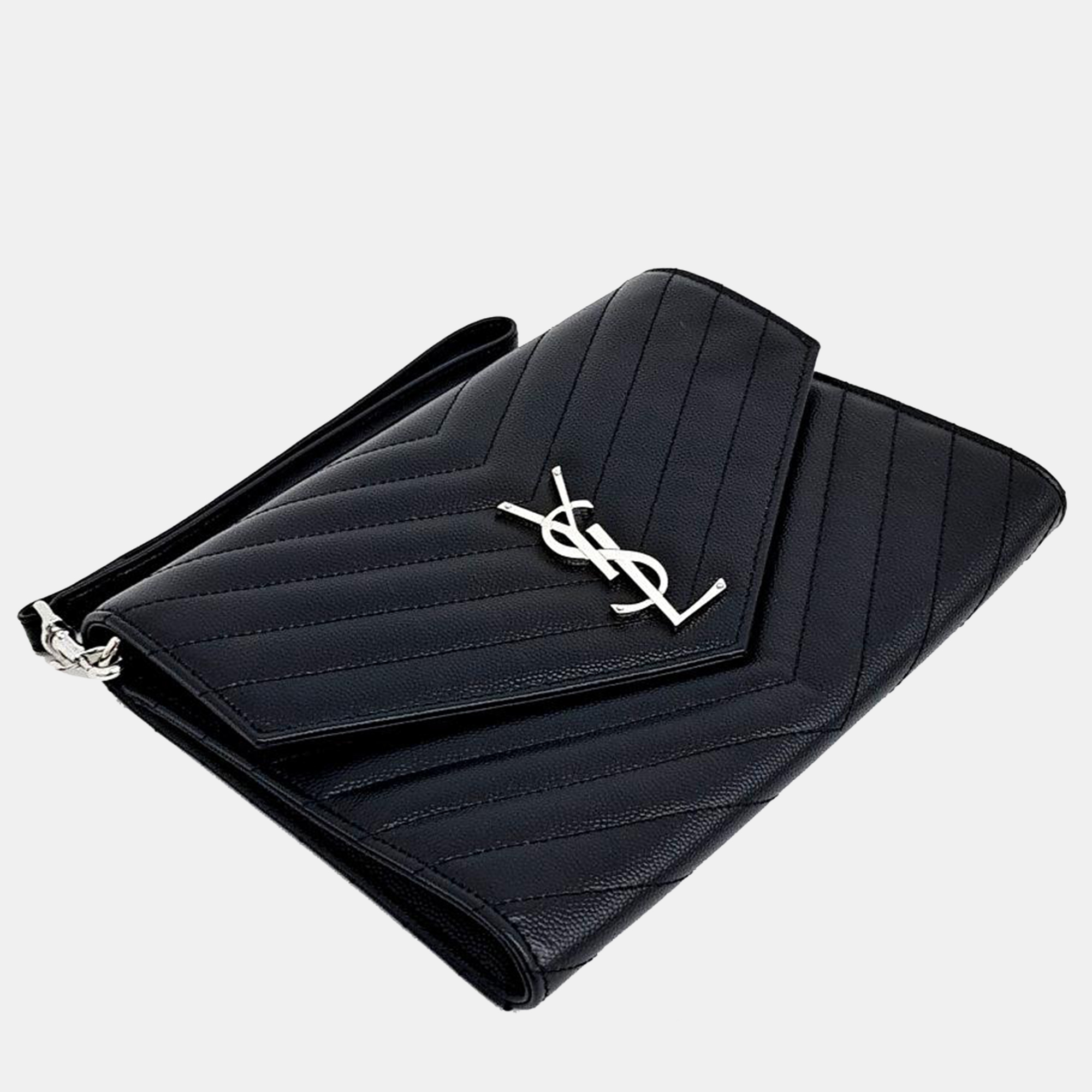 Saint Laurent Black Leather Monogram Envelope Clutch