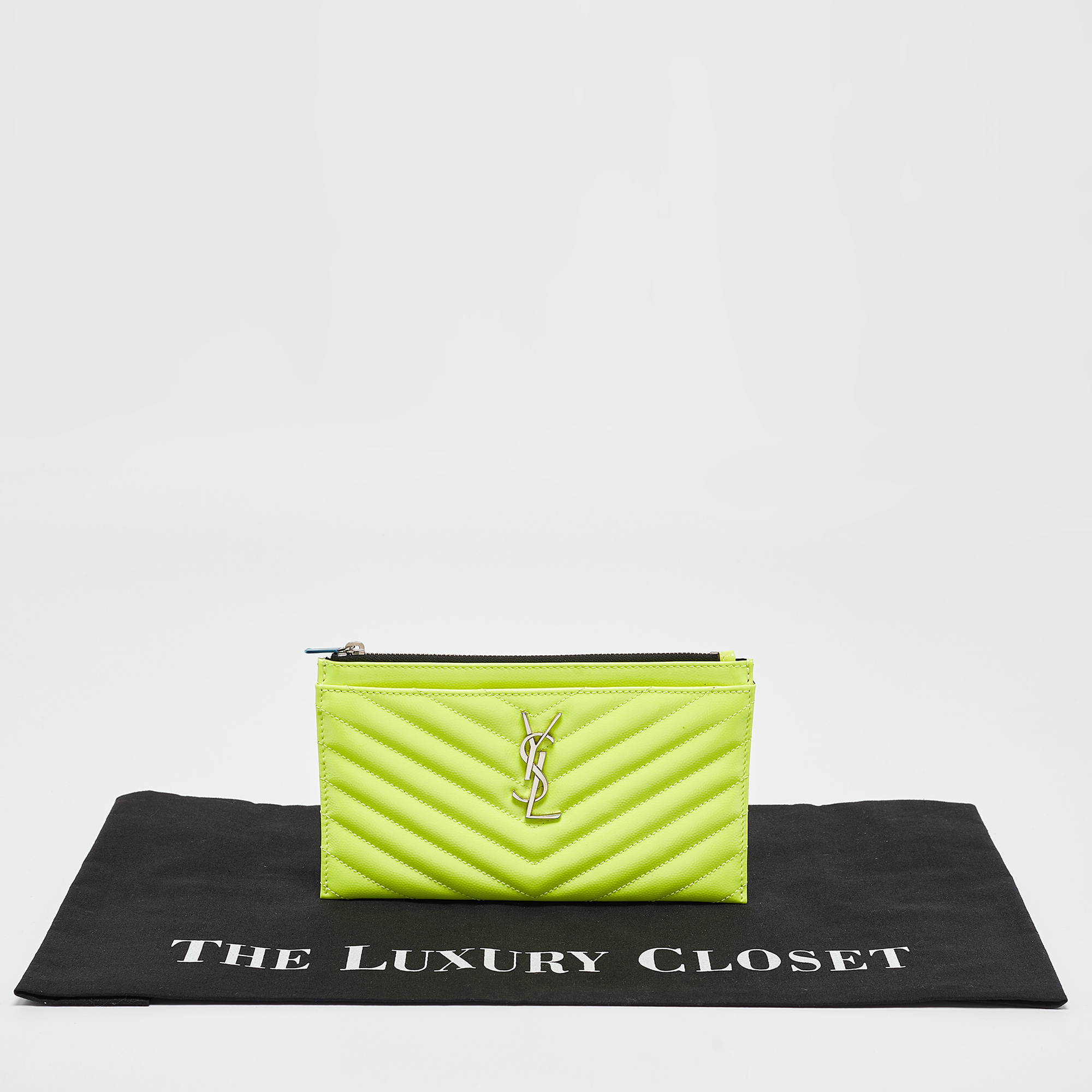 Saint Laurent Neon Yellow Matelasse Patent Leather Monogram Bill Pouch