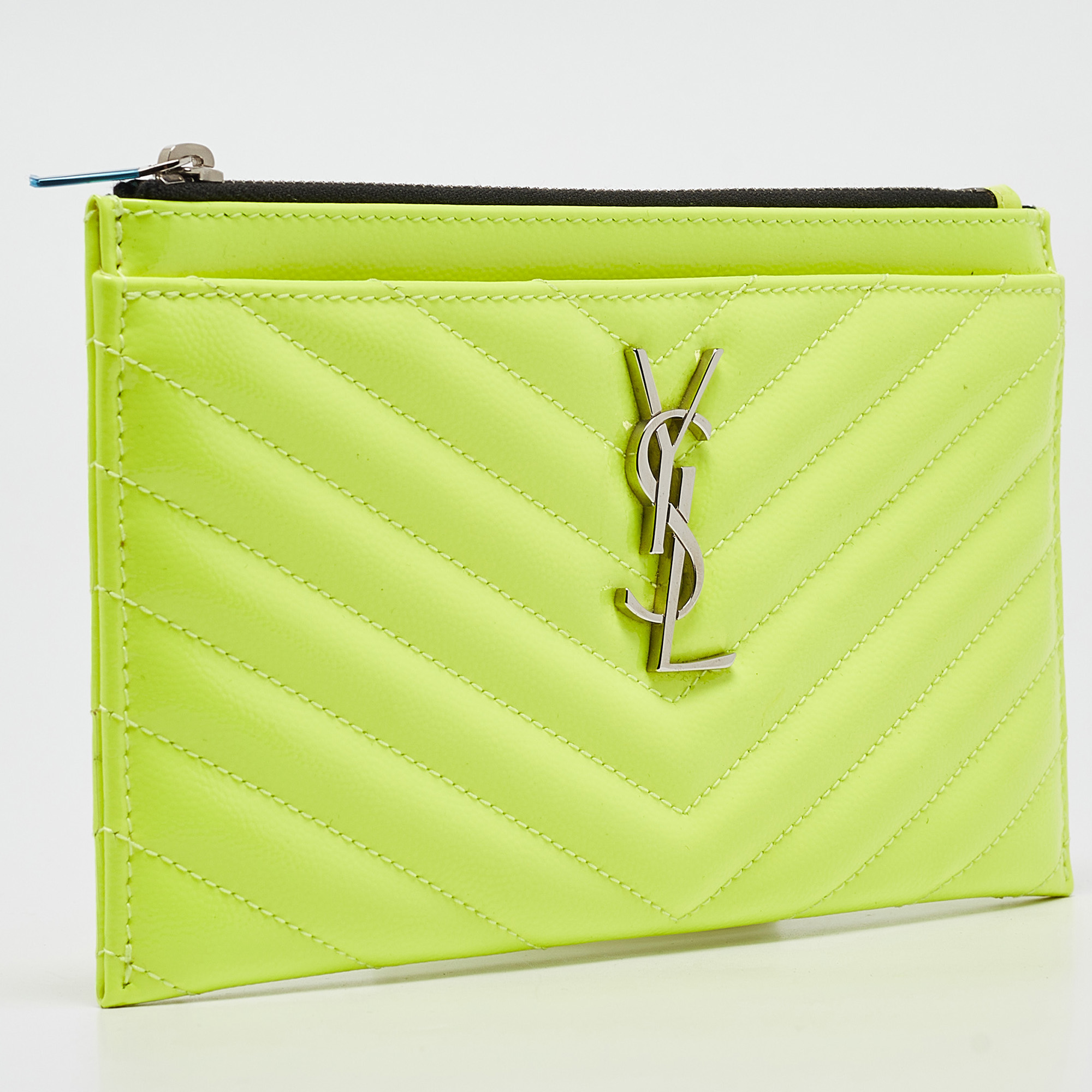 Saint Laurent Neon Yellow Matelasse Patent Leather Monogram Bill Pouch