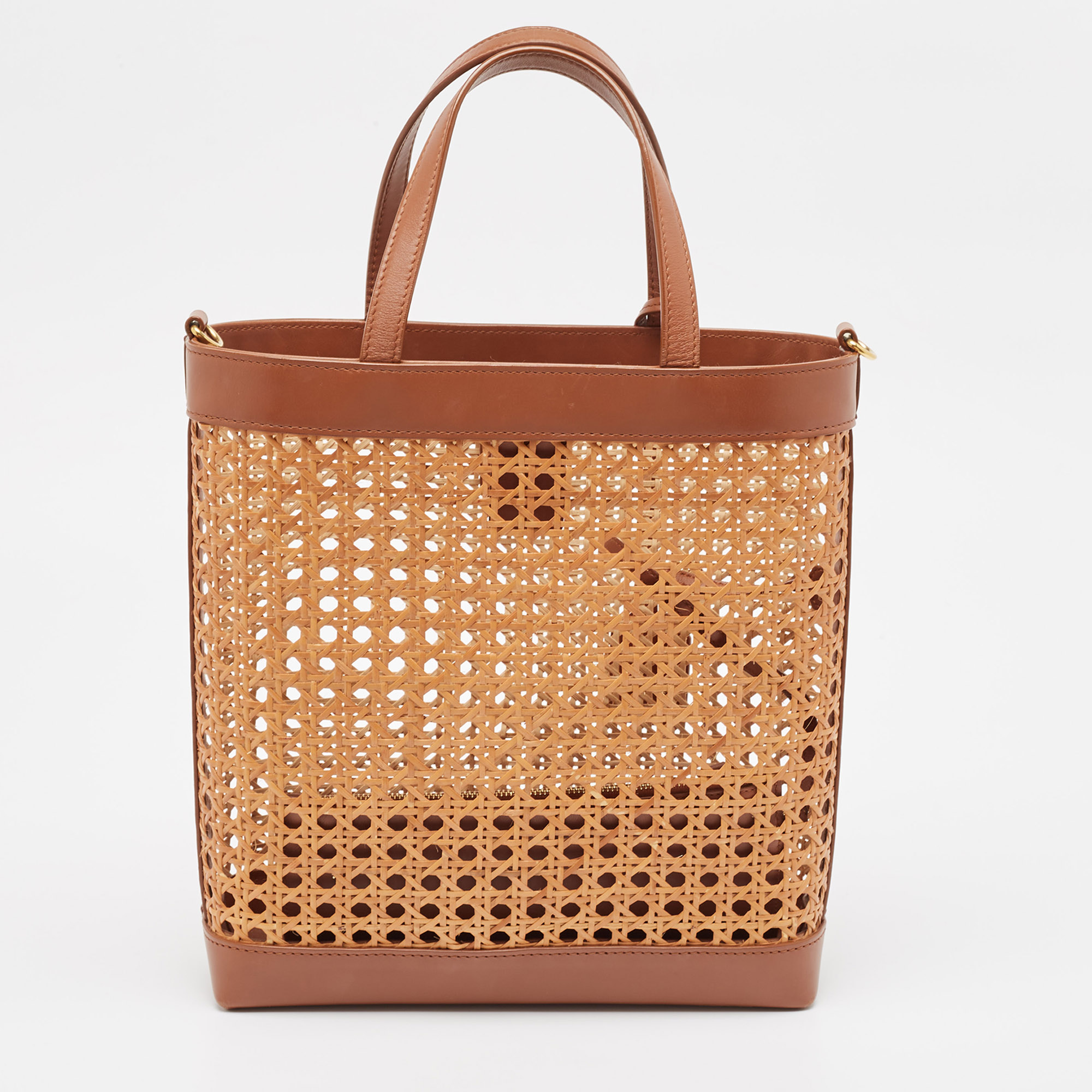 Saint Laurent Brown/Beige Woven Raffia And Leather Toy Tote