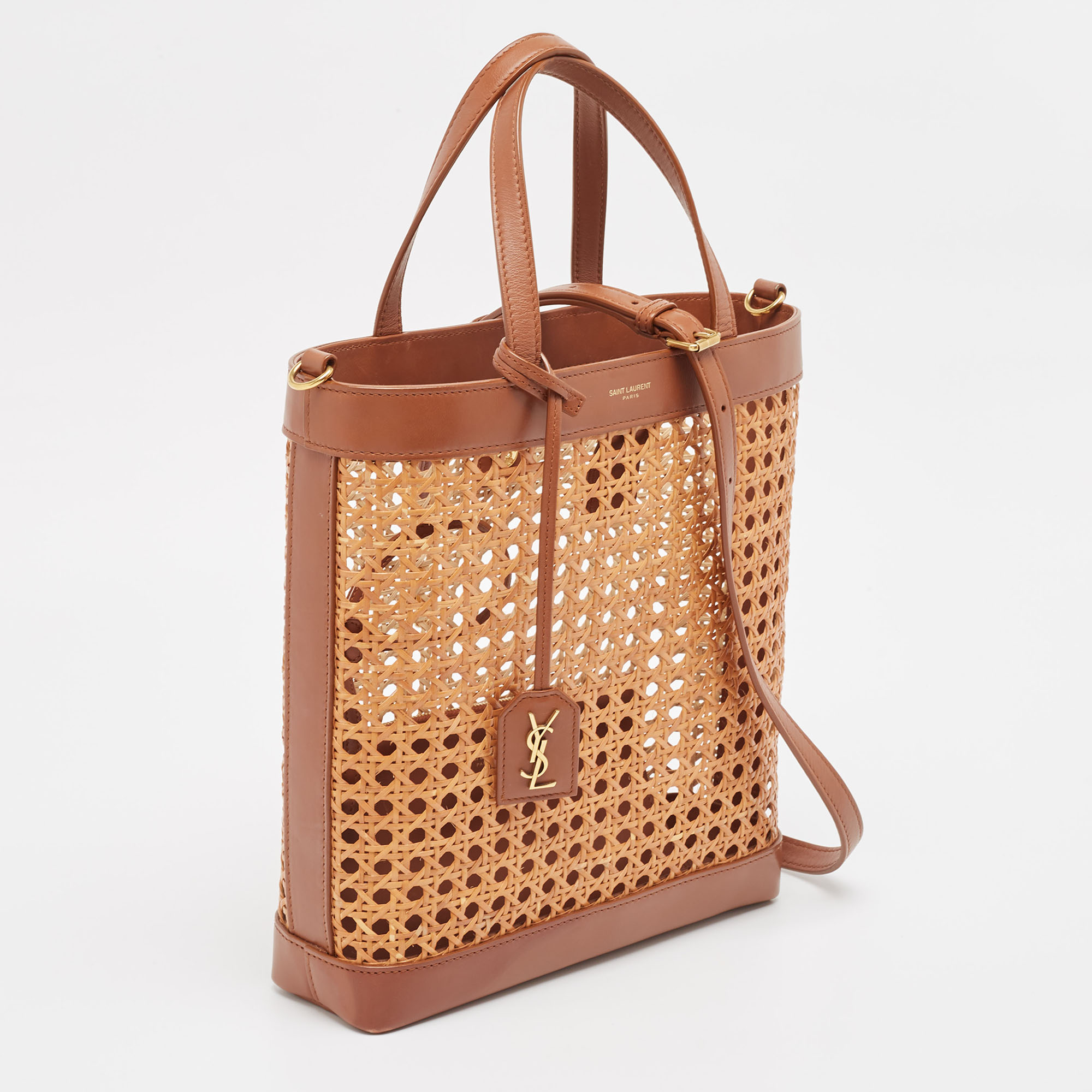 Saint Laurent Brown/Beige Woven Raffia And Leather Toy Tote