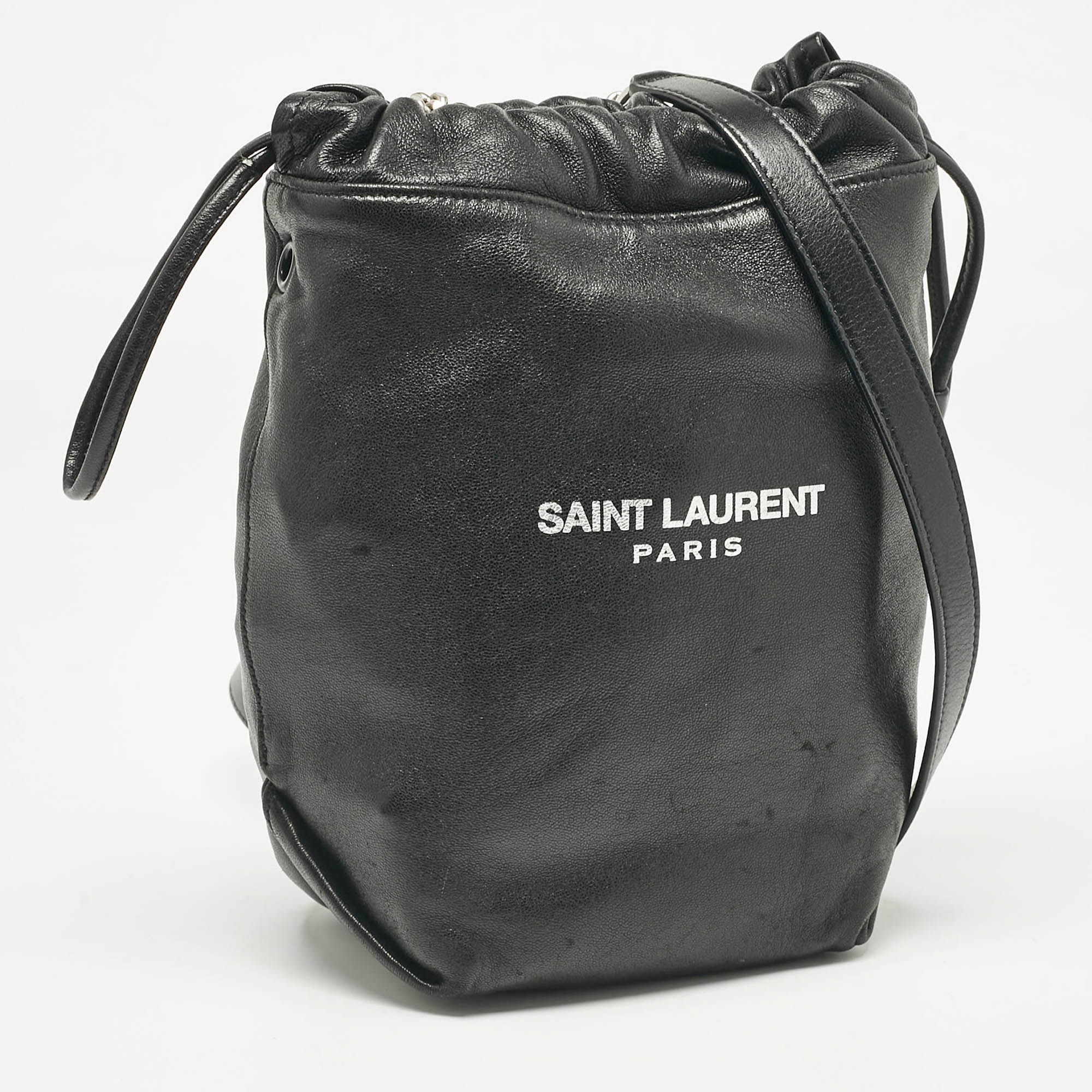 Saint Laurent Black Leather Teddy Drawstring Shoulder Bag