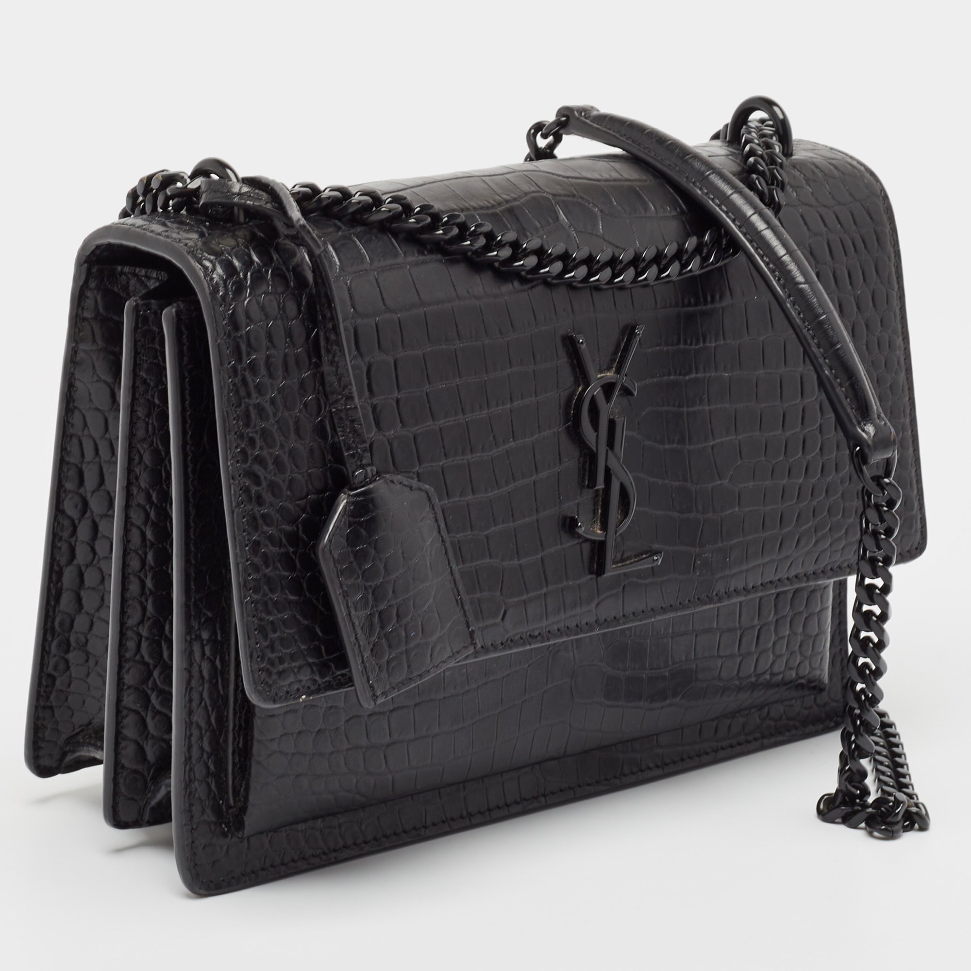 Saint Laurent Black Croc Embossed Leather Medium Sunset Bag