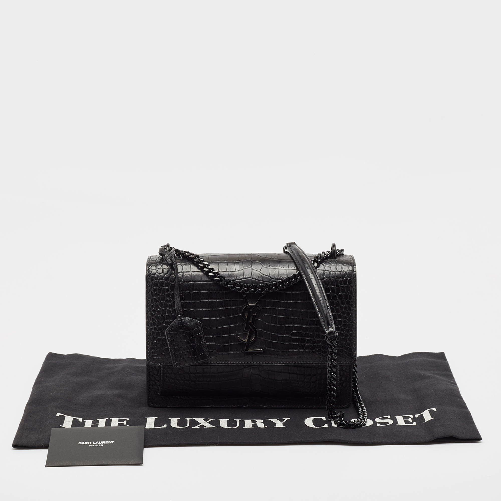 Saint Laurent Black Croc Embossed Leather Medium Sunset Bag