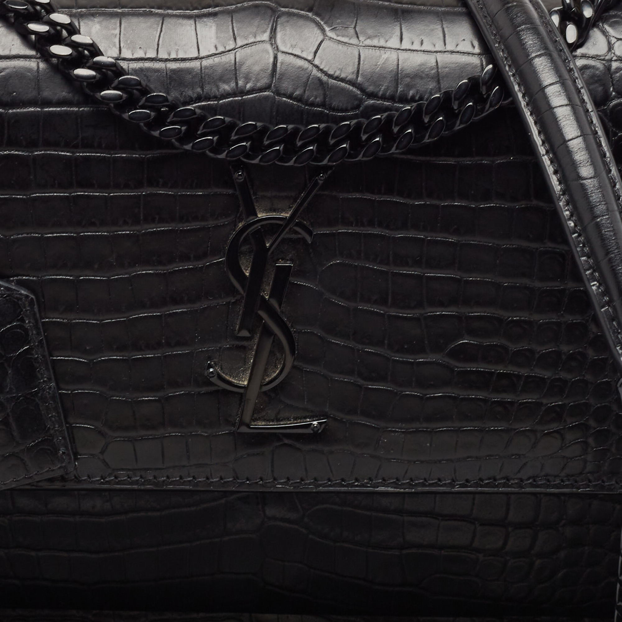 Saint Laurent Black Croc Embossed Leather Medium Sunset Bag