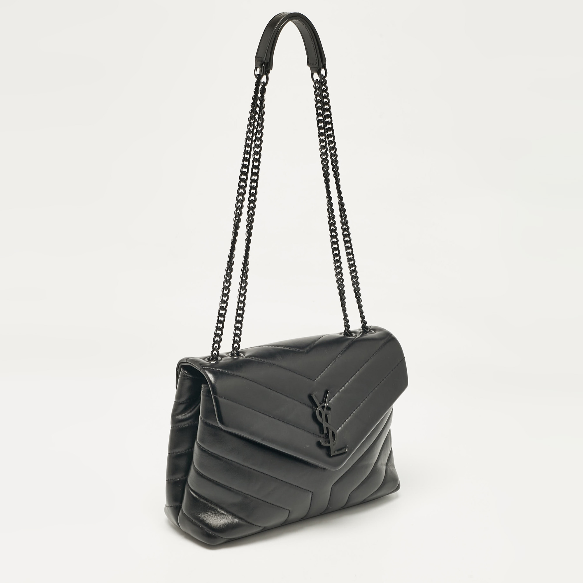 Saint Laurent Black Chevron Leather Small Loulou Shoulder Bag