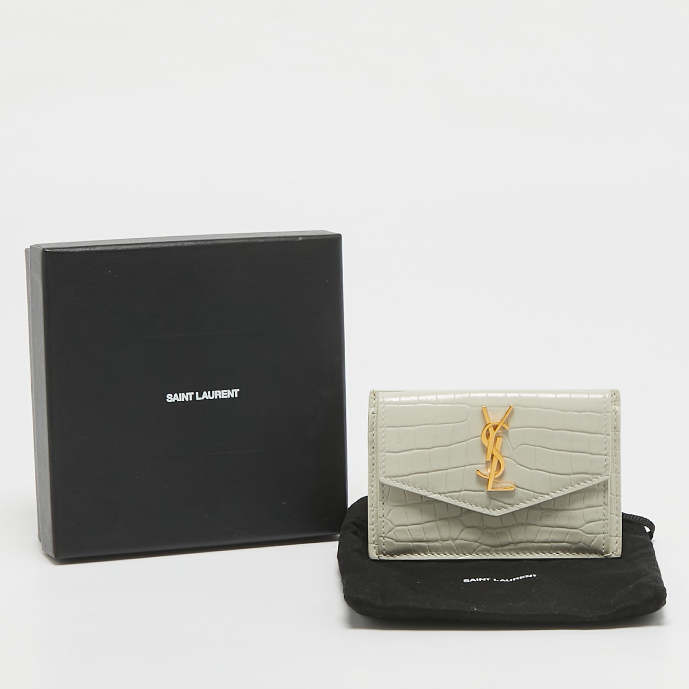 Saint Laurent Off White Croc Embossed Leather Uptown Flap Card Holder