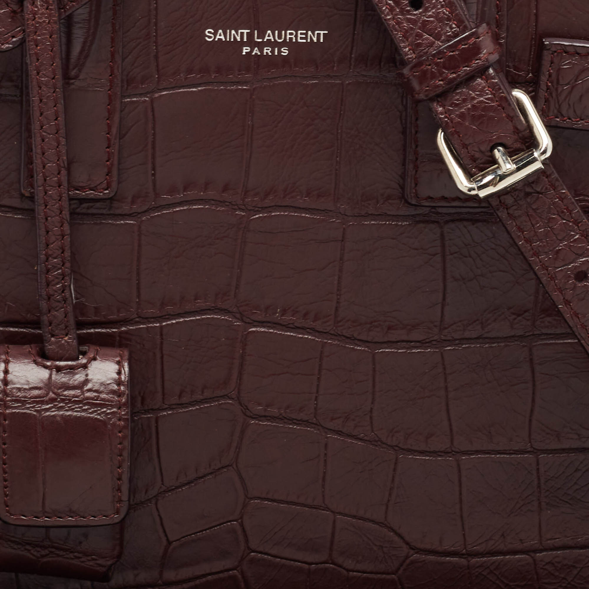 Saint Laurent Burgundy Croc Embossed Leather Nano Classic Sac De Jour Tote