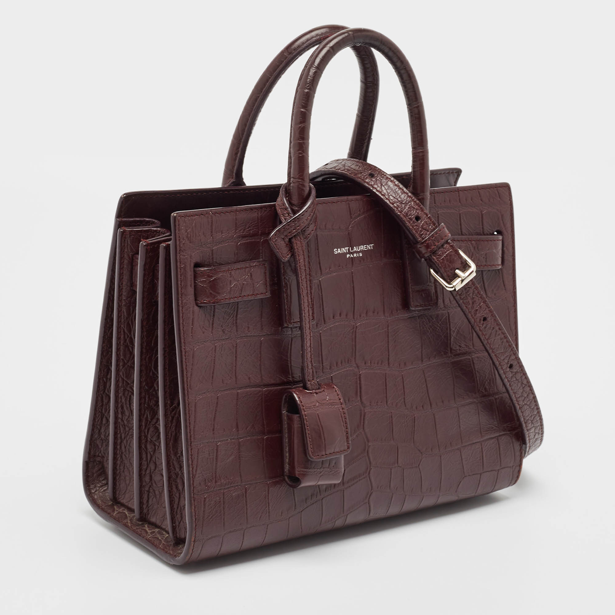 Saint Laurent Burgundy Croc Embossed Leather Nano Classic Sac De Jour Tote