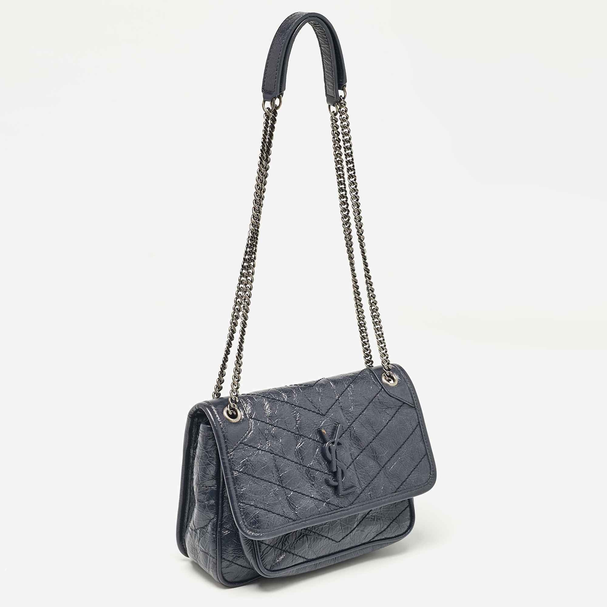 Saint Laurent Navy Blue Matelassé Leather Baby Niki Chain Shoulder Bag