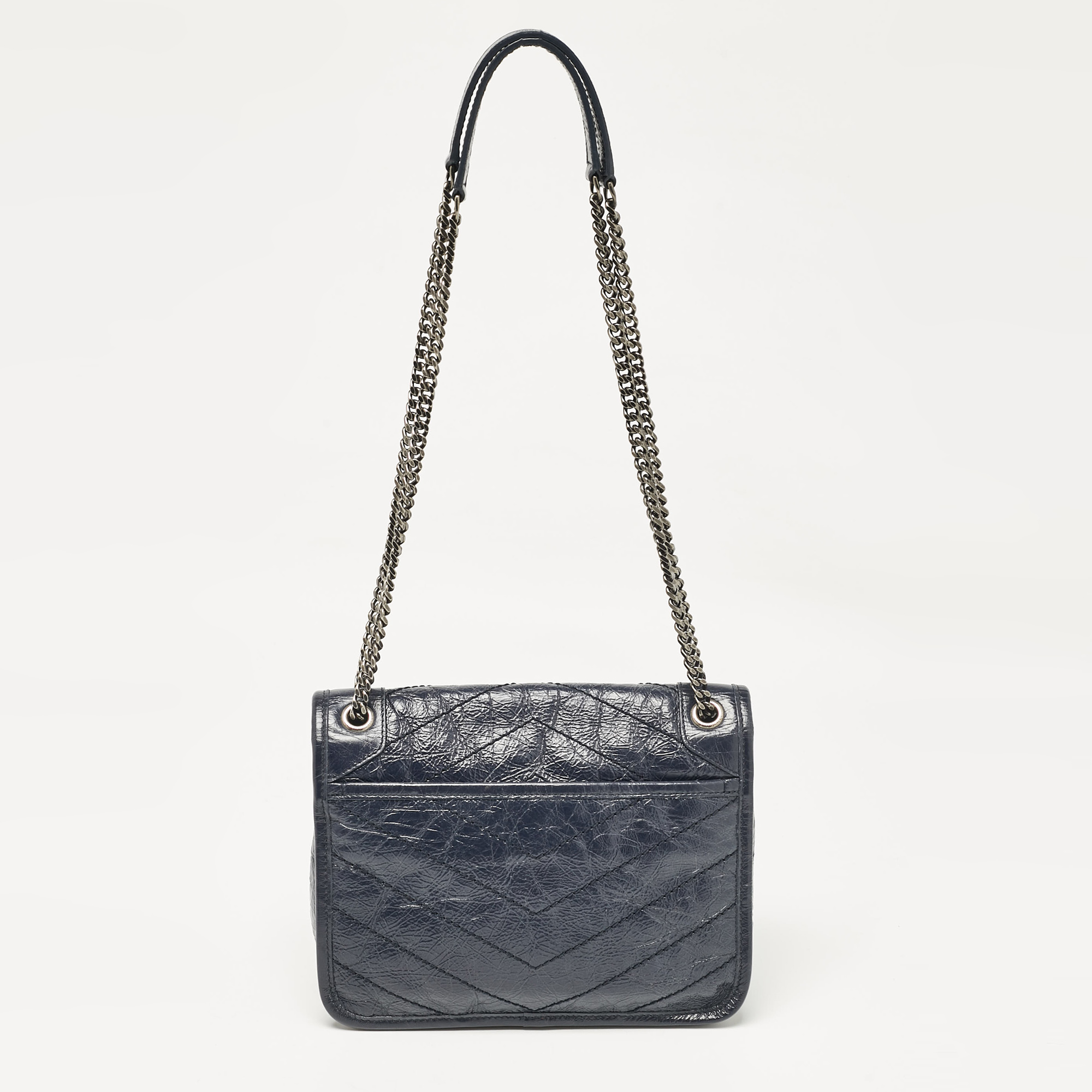 Saint Laurent Navy Blue Matelassé Leather Baby Niki Chain Shoulder Bag