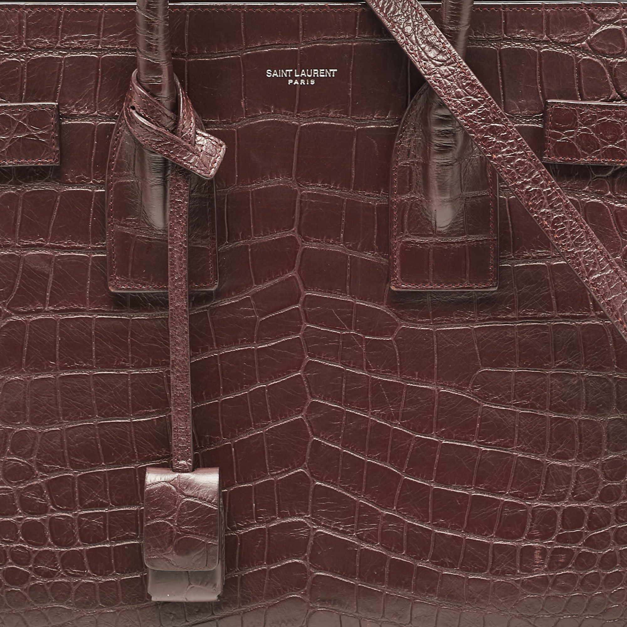 Saint Laurent Burgundy Croc Embossed Leather Small Sac De Jour Tote