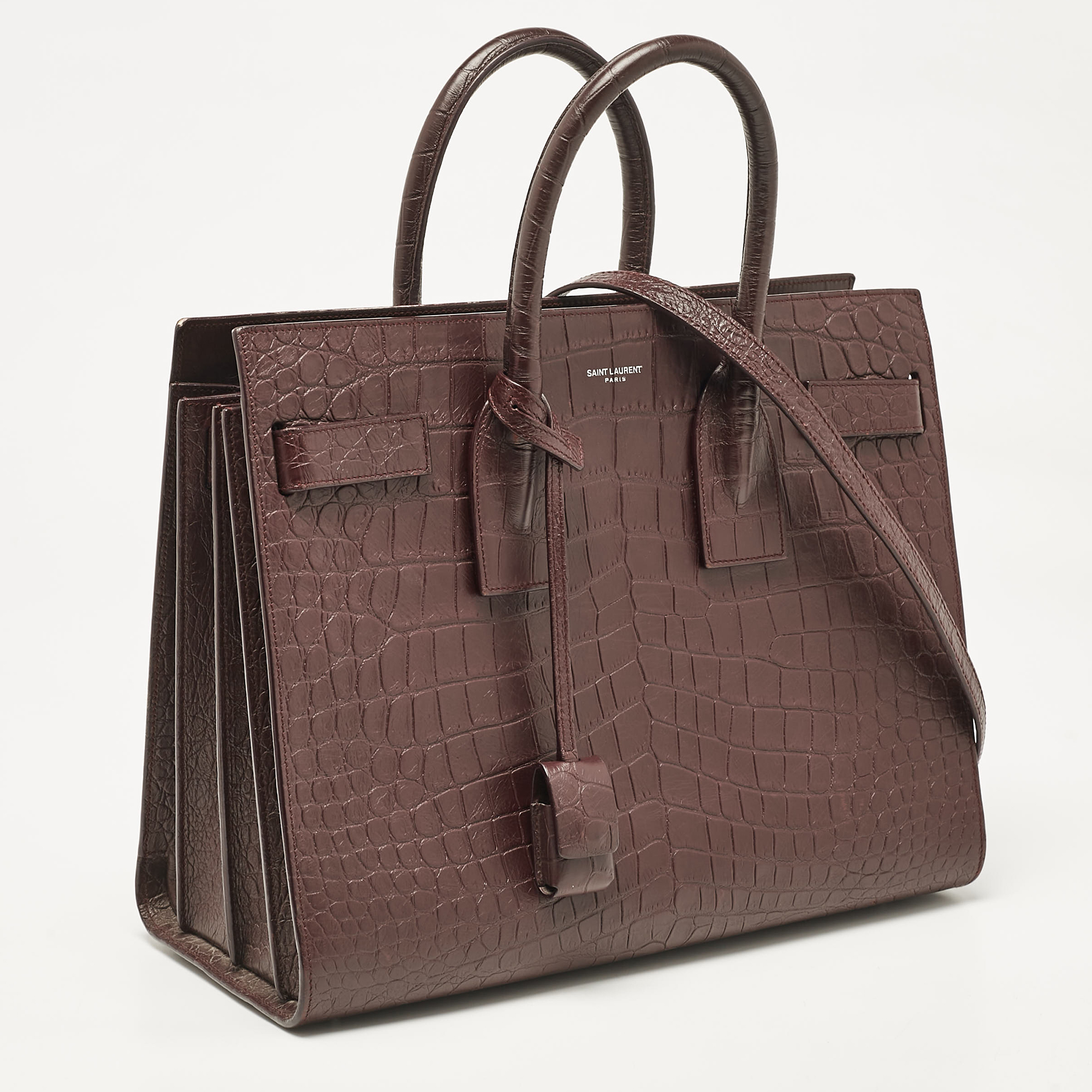 Saint Laurent Burgundy Croc Embossed Leather Small Sac De Jour Tote