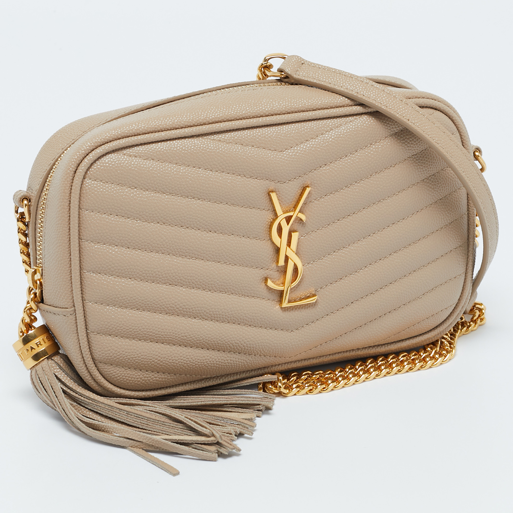 Saint Laurent Beige Matelassé Leather Mini Lou Camera Crossbody Bag