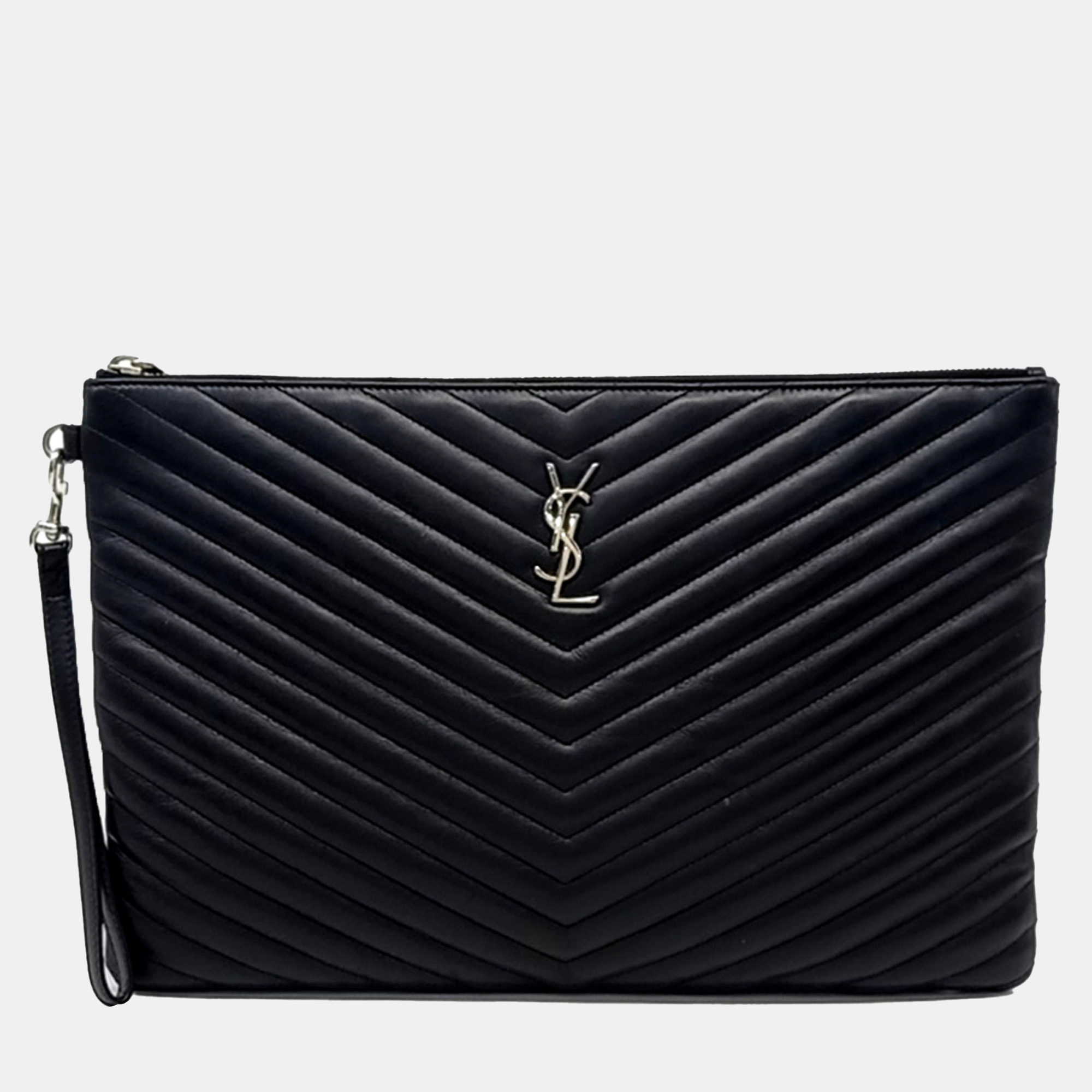 Saint Laurent Paris Black Leather Monogram Pouch Bag