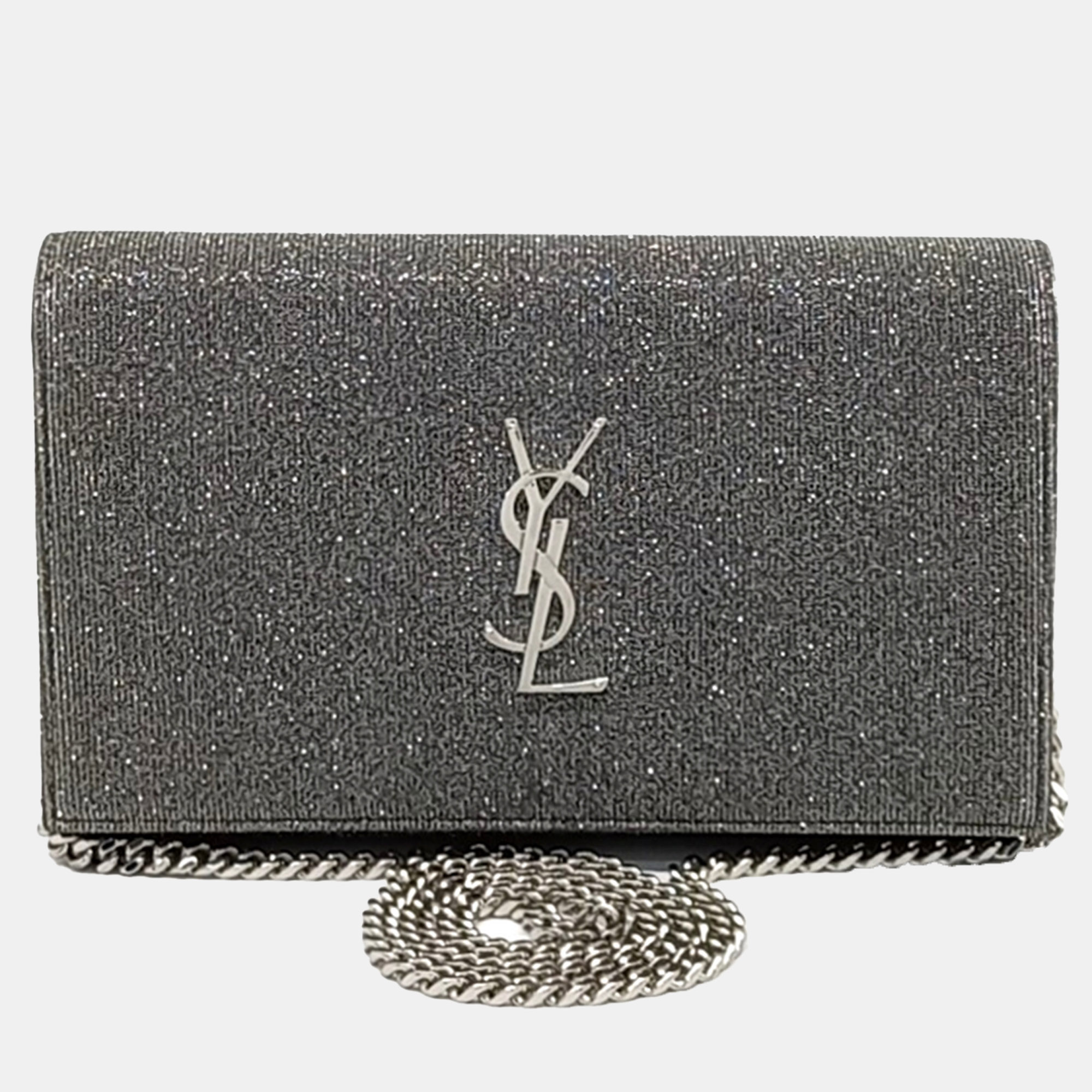 Saint Laurent Paris Silver Fabric Saint Laurent Paris Silver Monogram Chain Crossbody Bag