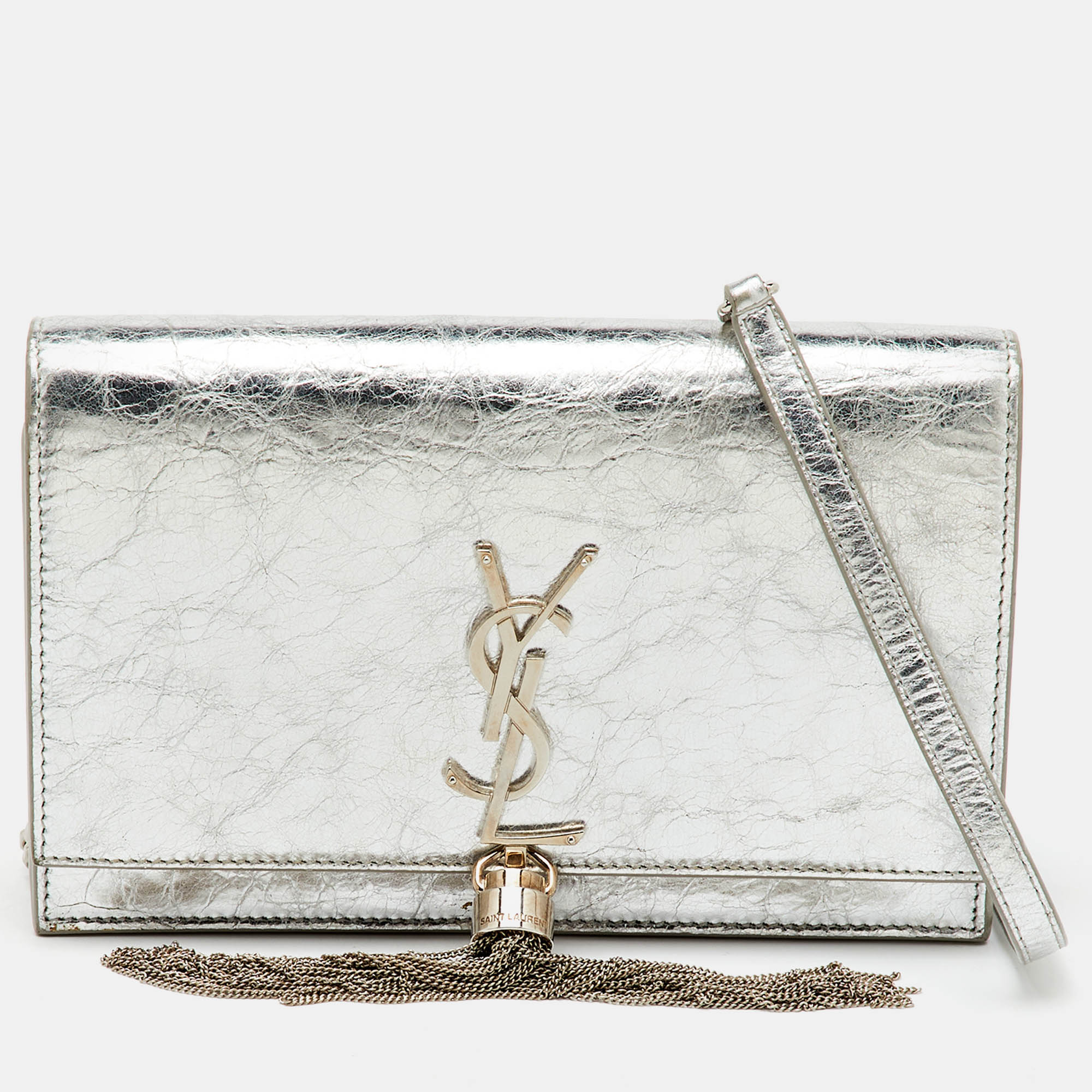 Saint Laurent Silver Crackled Leather Kate Tassel Wallet on Chain
Saint Laurent Silver Crackled Leather Kate Tassel Wallet on Chain