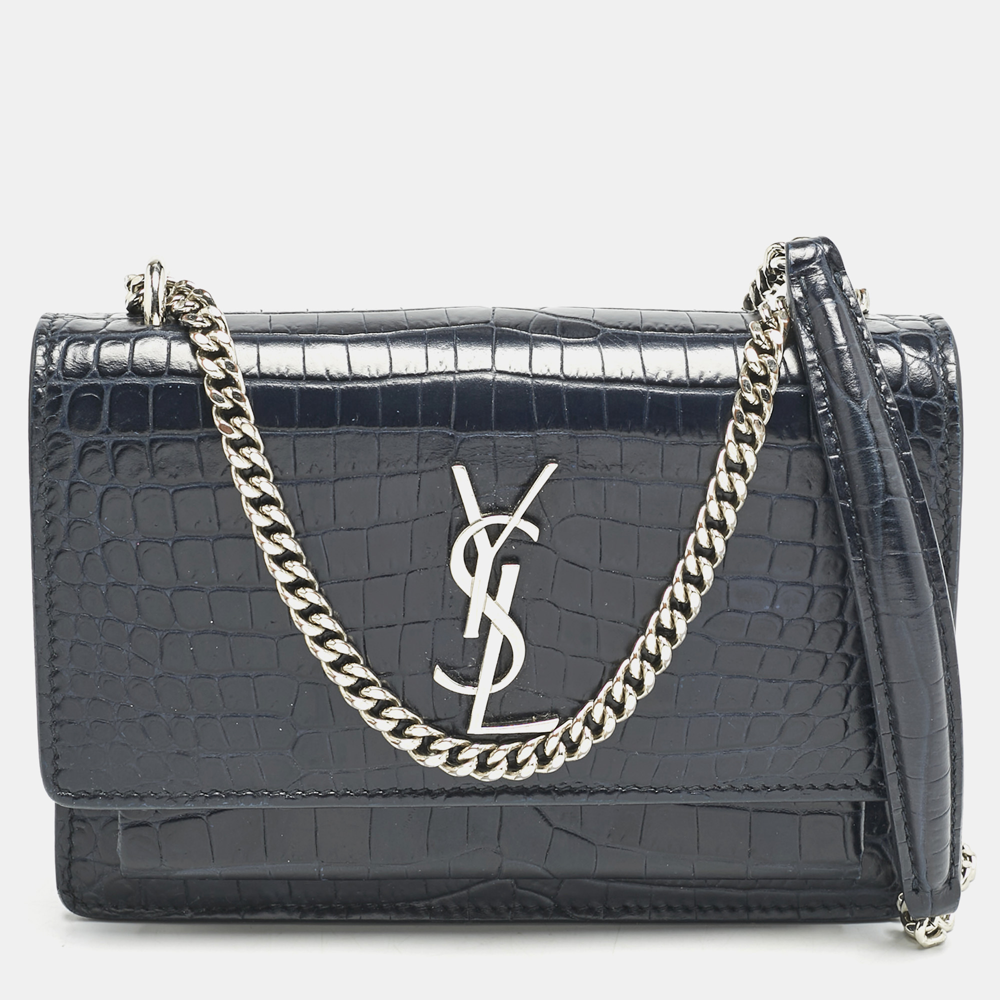 Saint Laurent Navy Blue Croc Embossed Leather Sunset Wallet On Chain
Saint Laurent Navy Blue Croc Embossed Leather Sunset Wallet On Chain